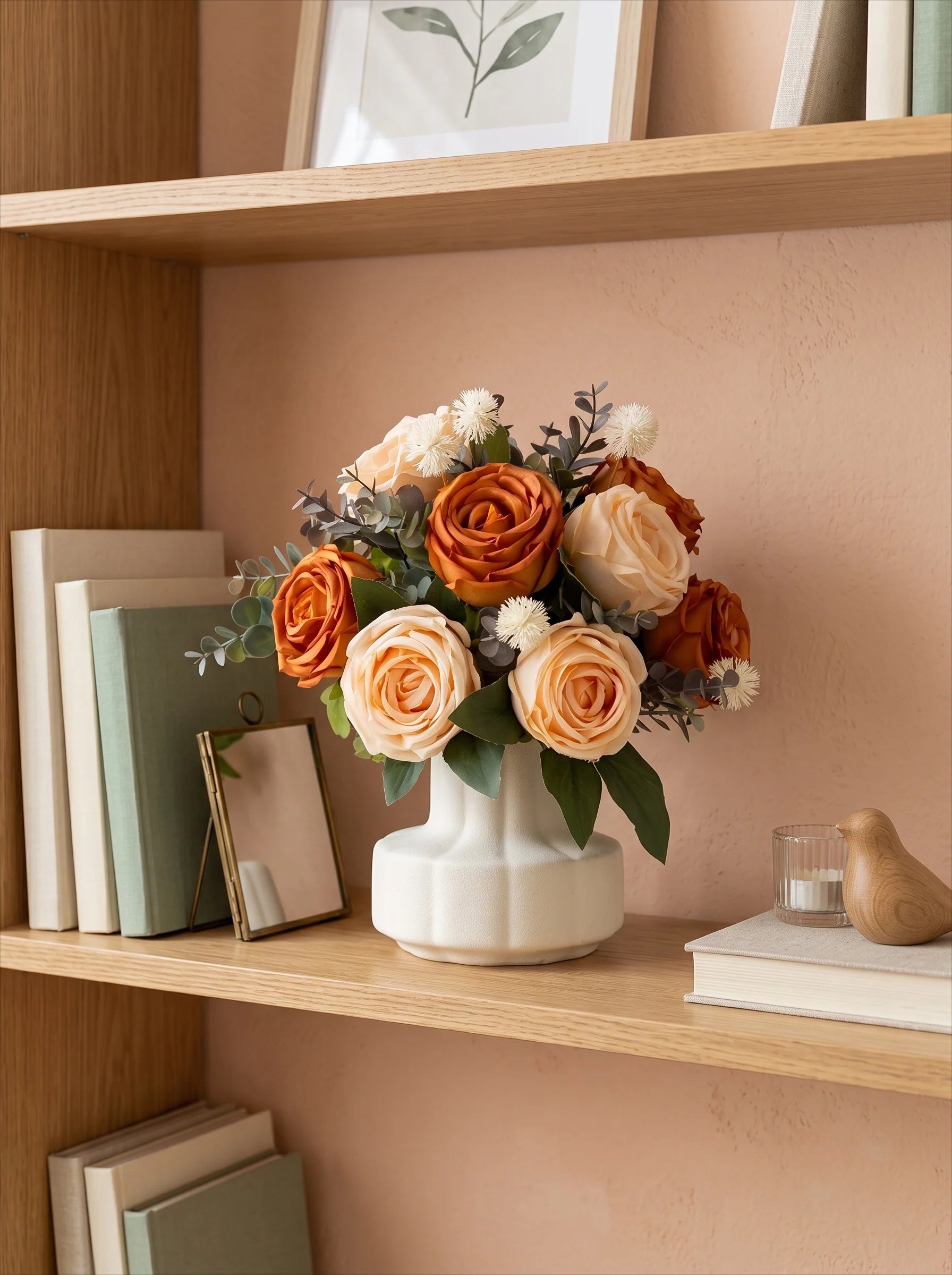 Oil Painting Style Faux Floral Arrangement - Vintage Caramel & Cream Roses
