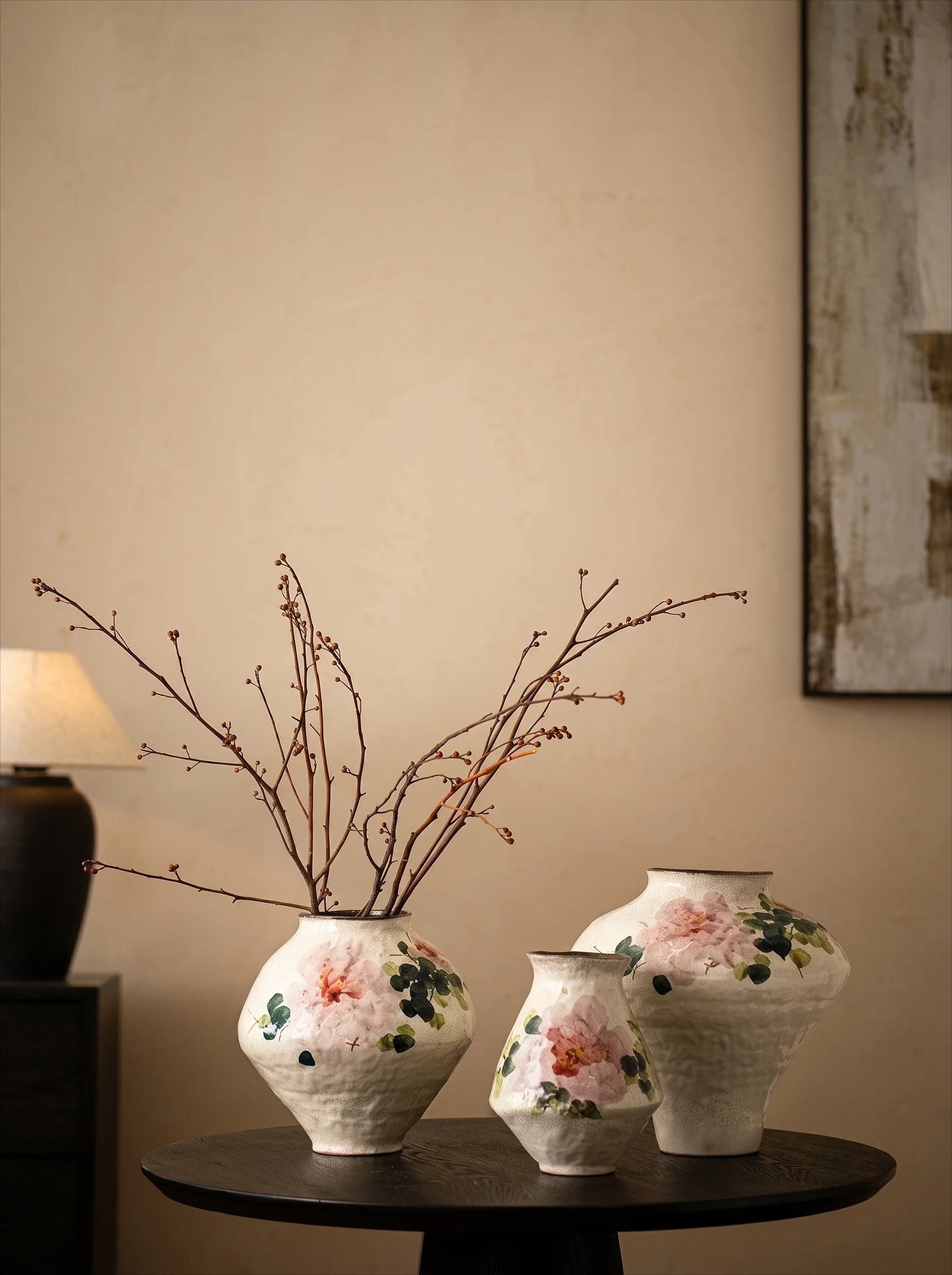 Vintage Chinoiserie Peony Painted Stoneware Vase
