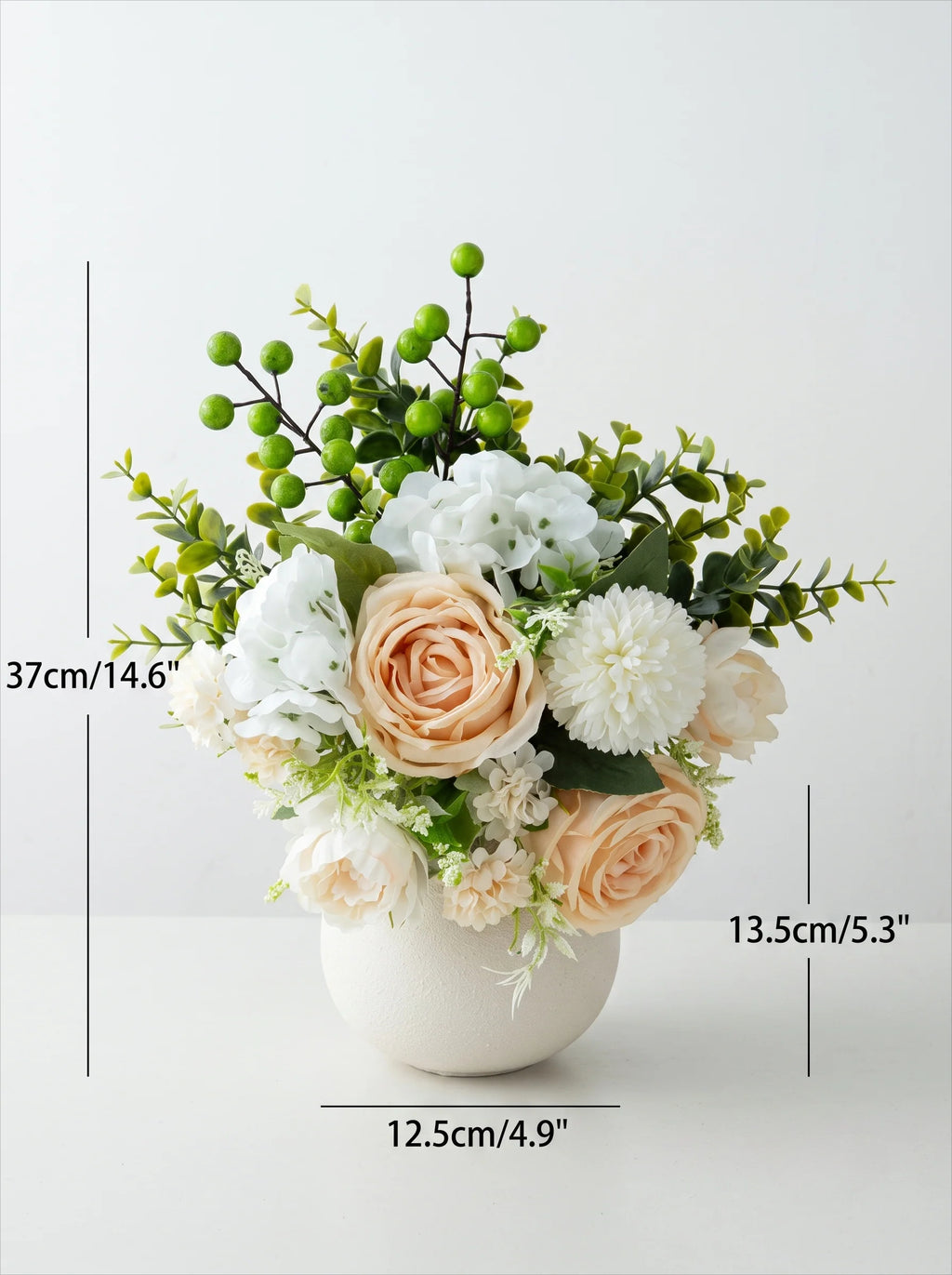 An artificial floral arrangement in a round white vase, shown on a light gray background with dimension lines and text indicating height, width, and depth measurements.