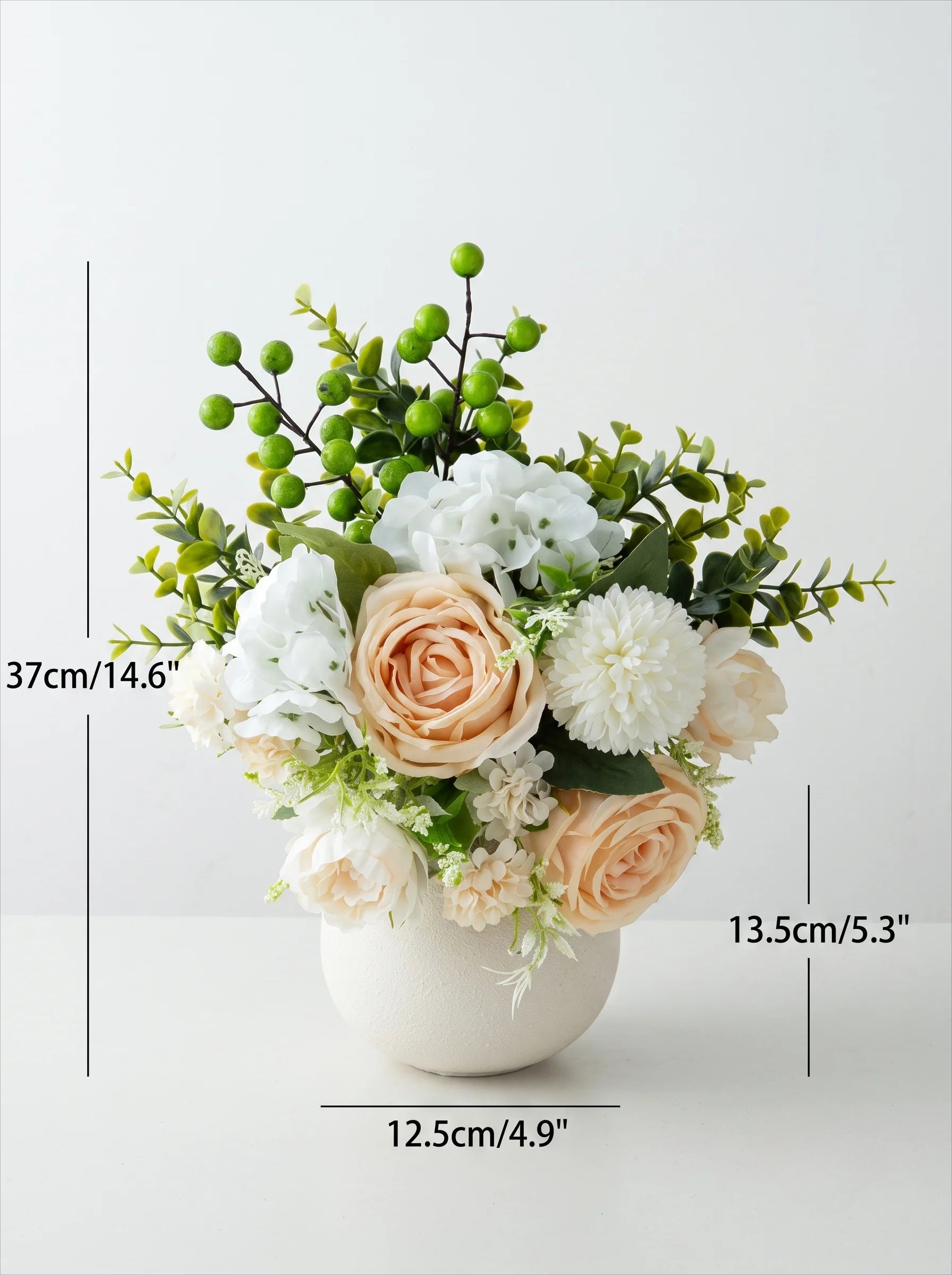 An artificial floral arrangement in a round white vase, shown on a light gray background with dimension lines and text indicating height, width, and depth measurements.