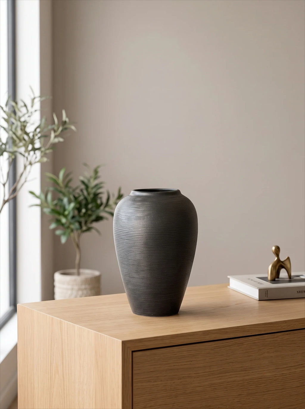 Modern Minimalist Ribbed Charcoal Black Ceramic Vase