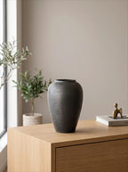 Modern Minimalist Ribbed Charcoal Black Ceramic Vase