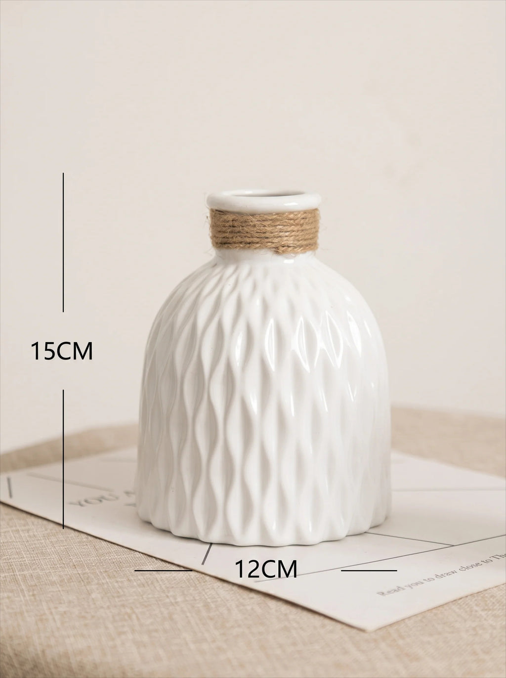 Rope Trimmed Textured Vase - White