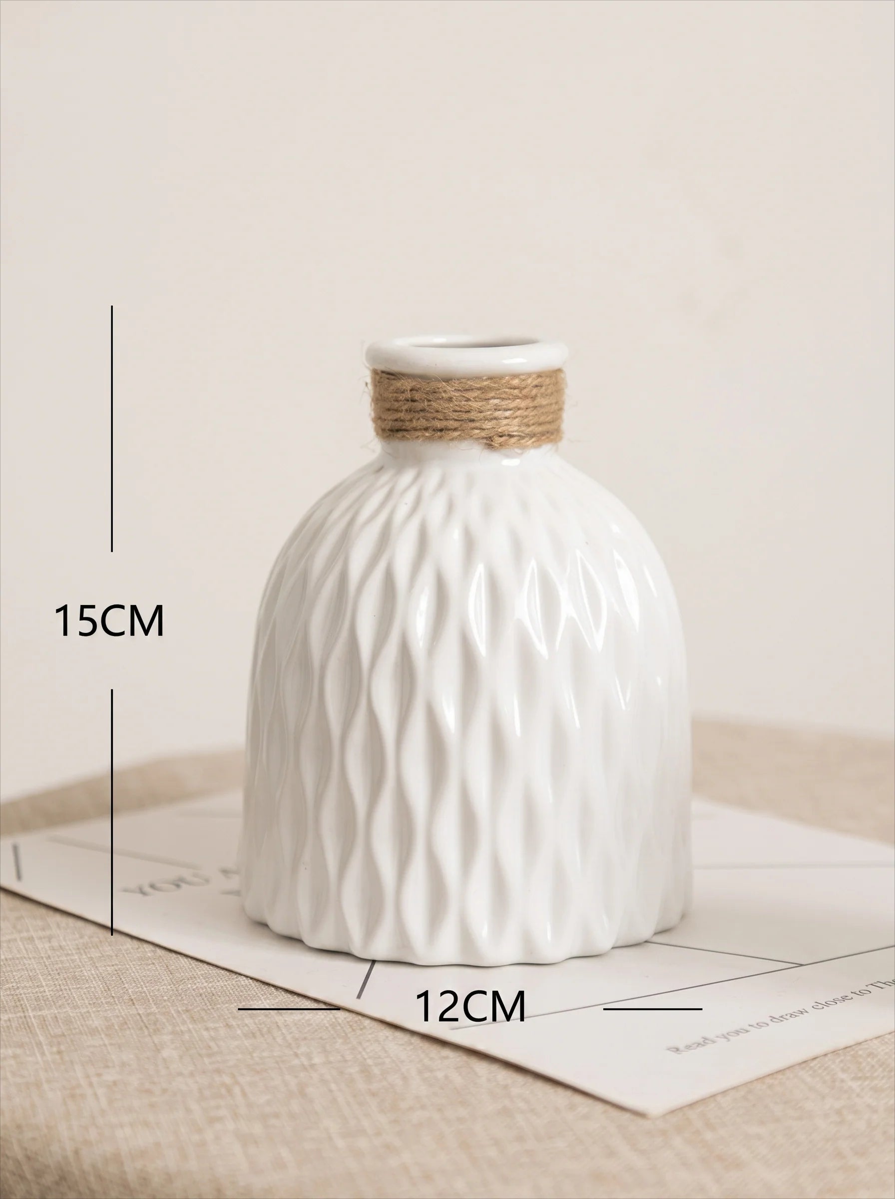 Rope Trimmed Textured Vase - White