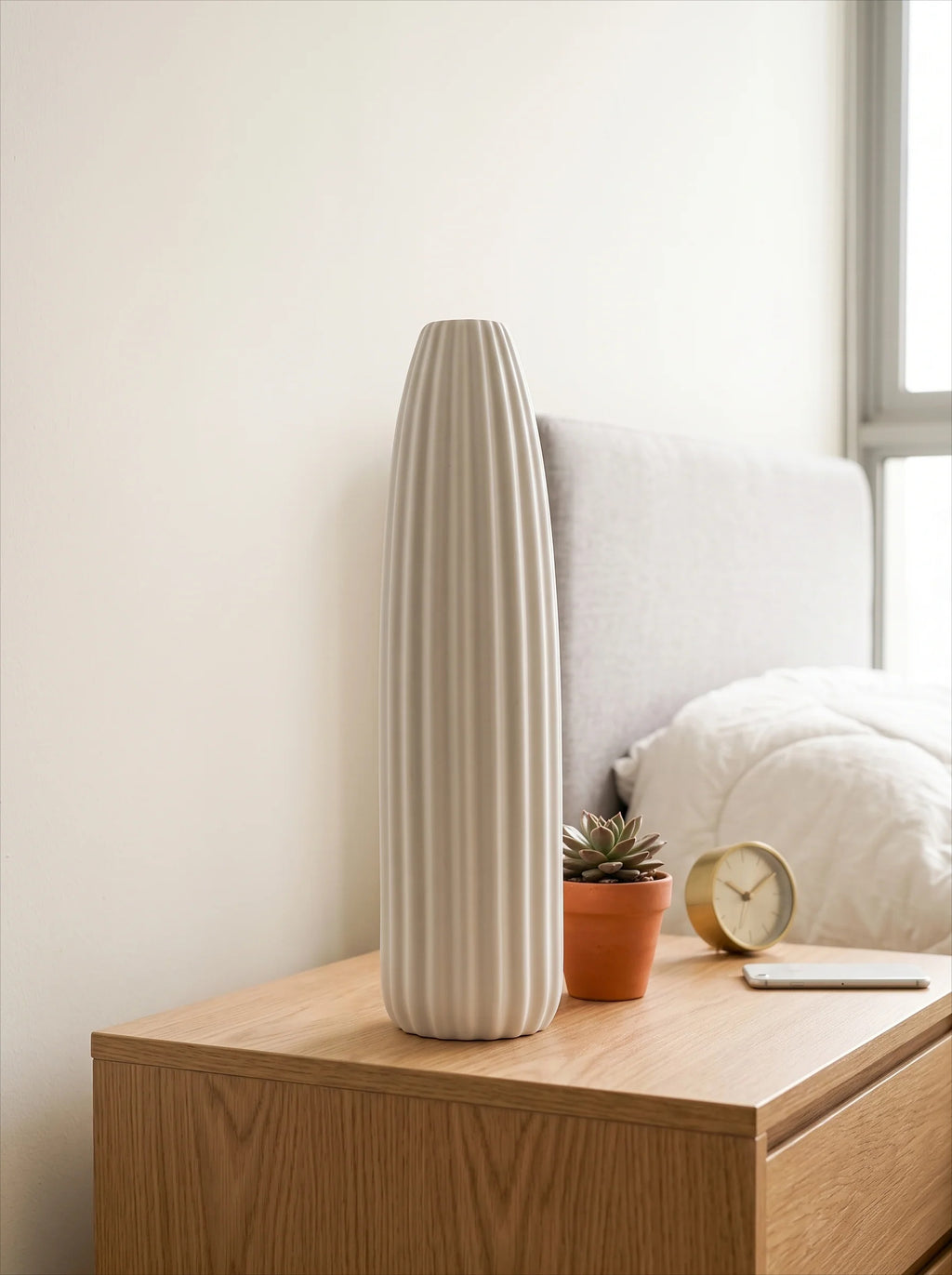 White Ribbed Ceramic Vase
