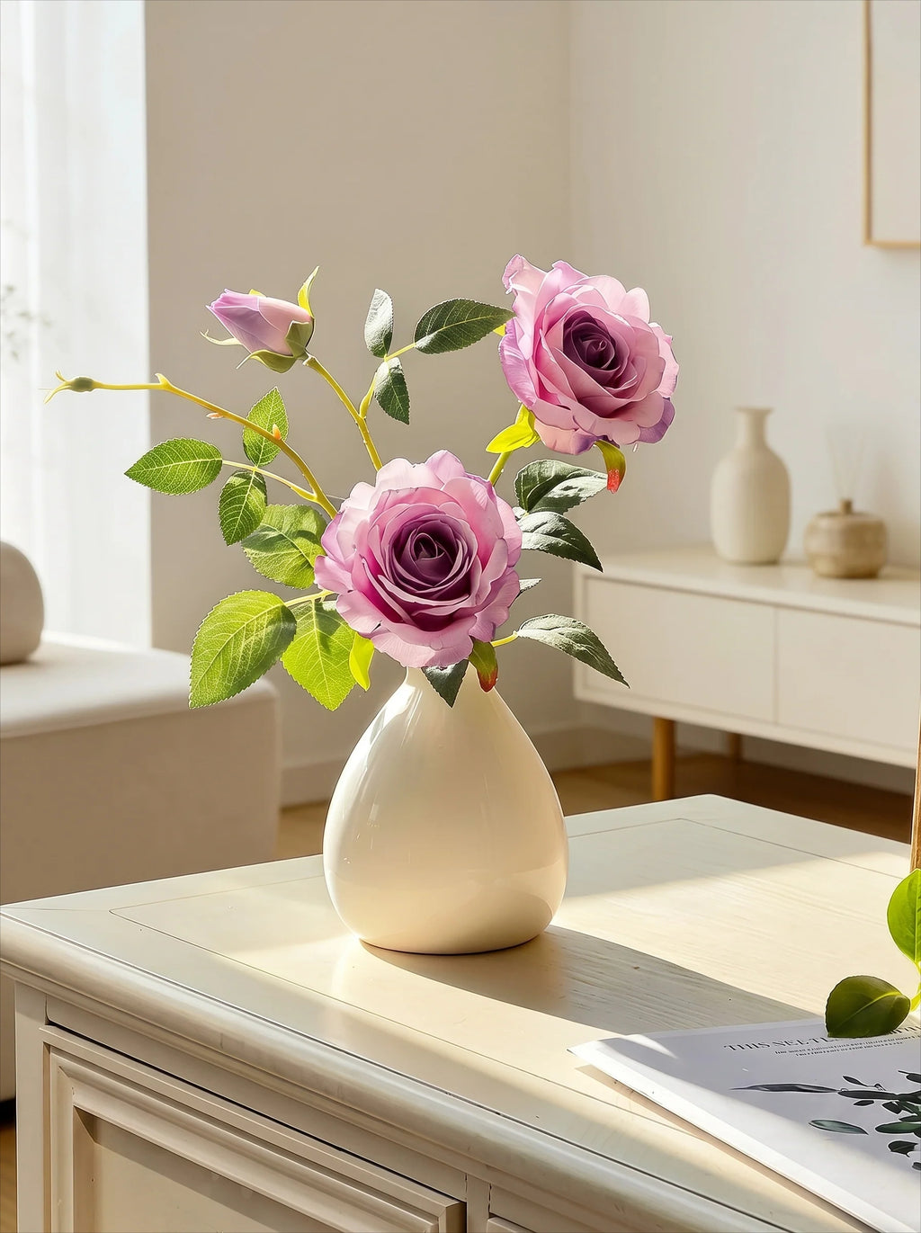 Dusty Lavender Rose Faux Floral Arrangement with Vase