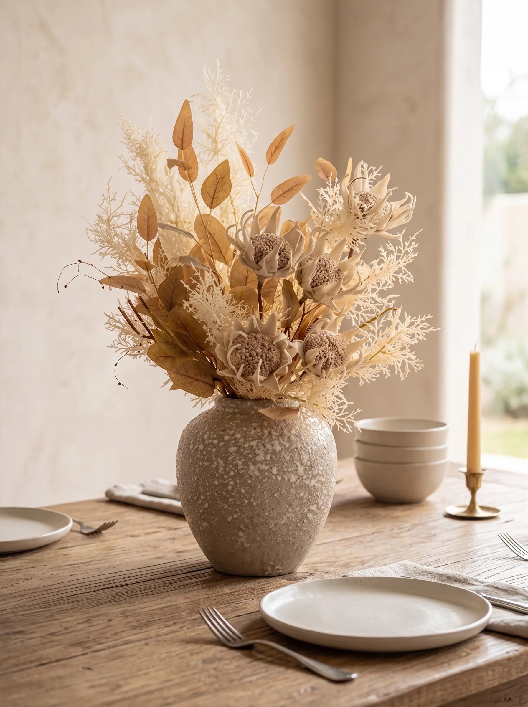 Faux Floral Arrangement - Neutral Tones Protea & Foliage
