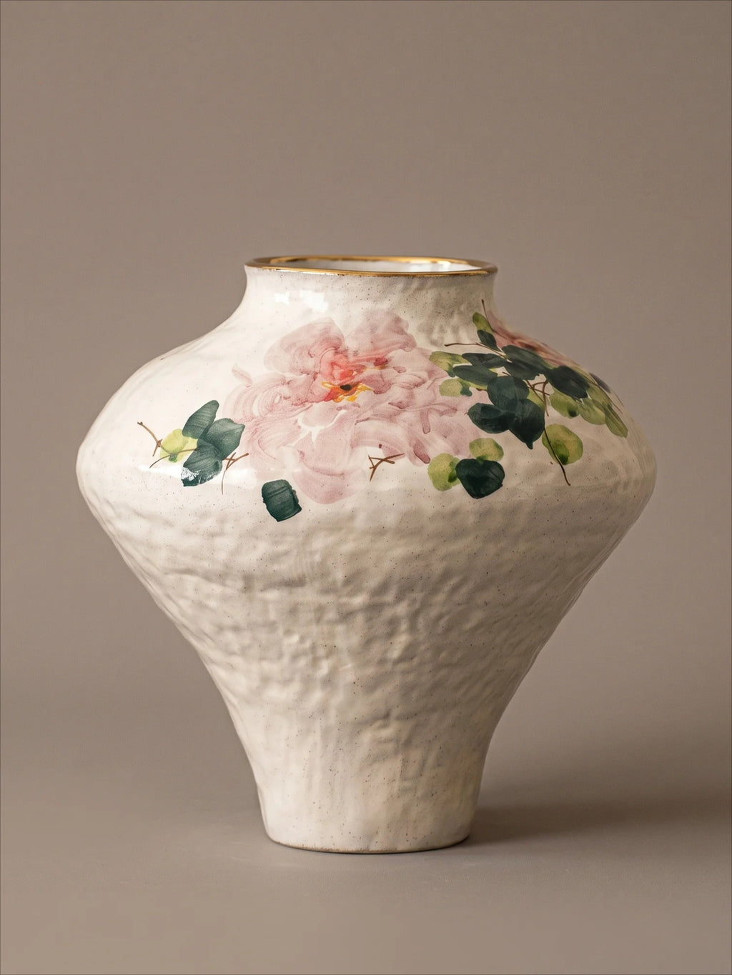 Vintage Chinoiserie Peony Painted Stoneware Vase