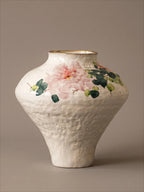 Vintage Chinoiserie Peony Painted Stoneware Vase