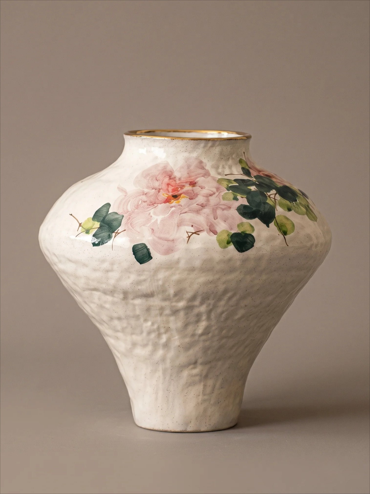 Vintage Chinoiserie Peony Painted Stoneware Vase