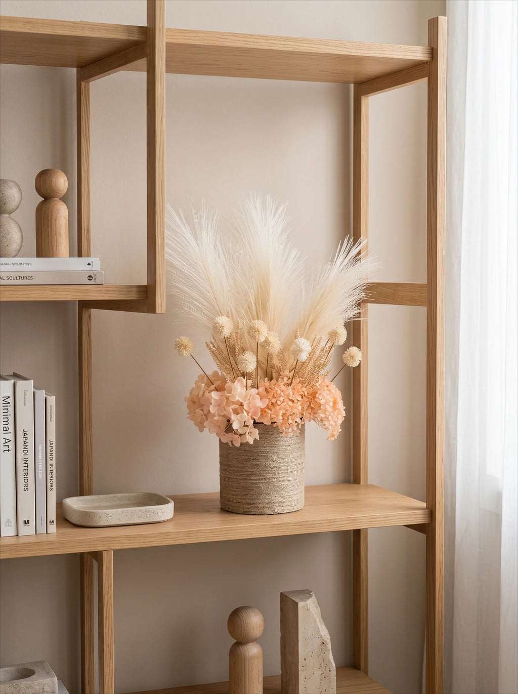 Modern Boho Creamy Pampas & Hydrangea Artificial Floral Arrangement