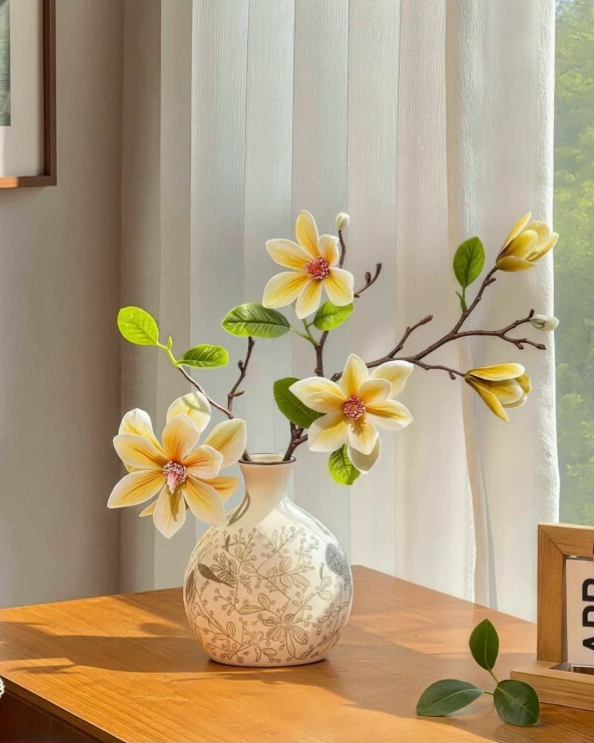 Arrangement floral artificiel Magnolia Jaune Vintage avec Vase
