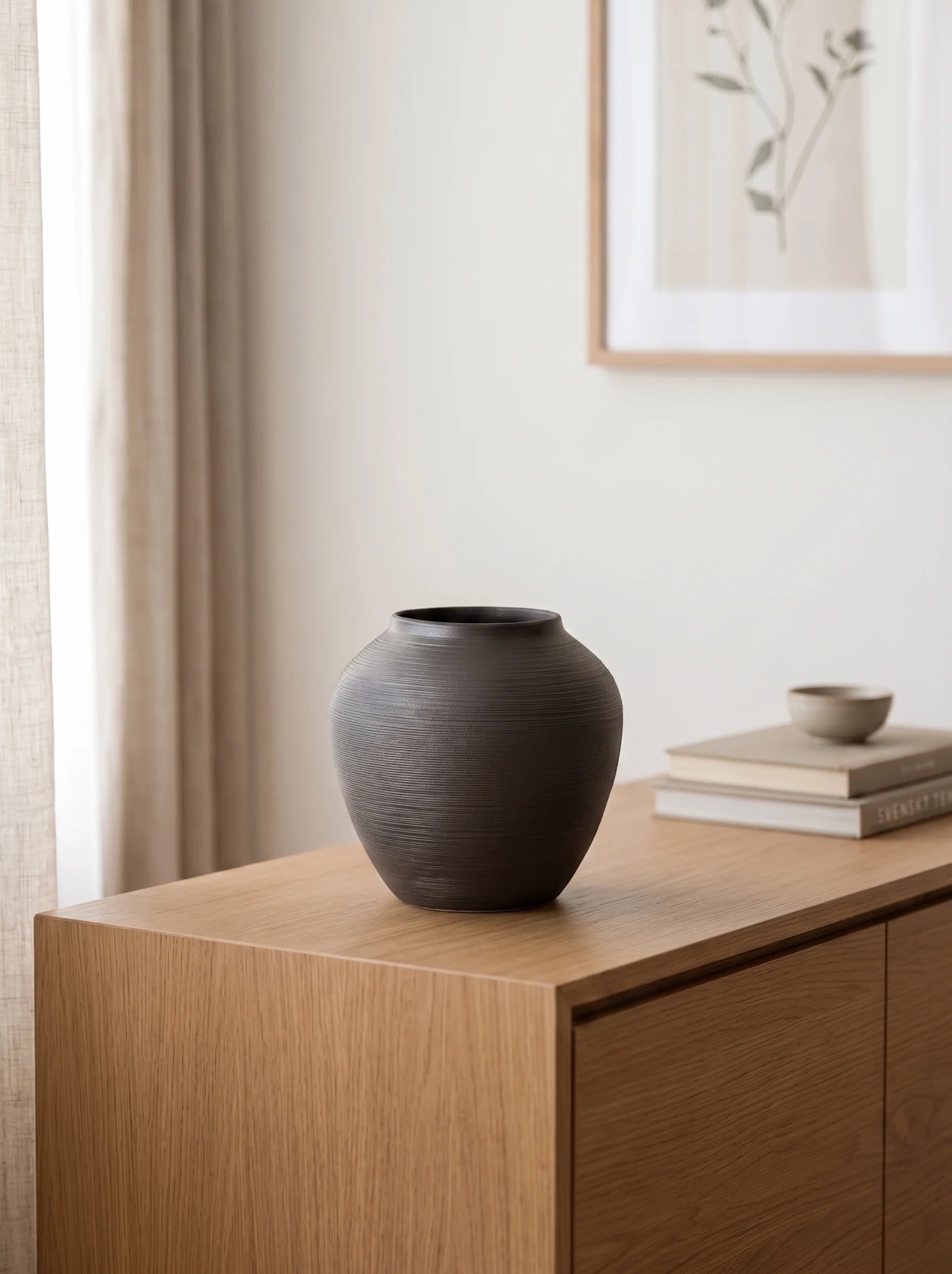 Modern Minimalist Ribbed Charcoal Black Ceramic Vase