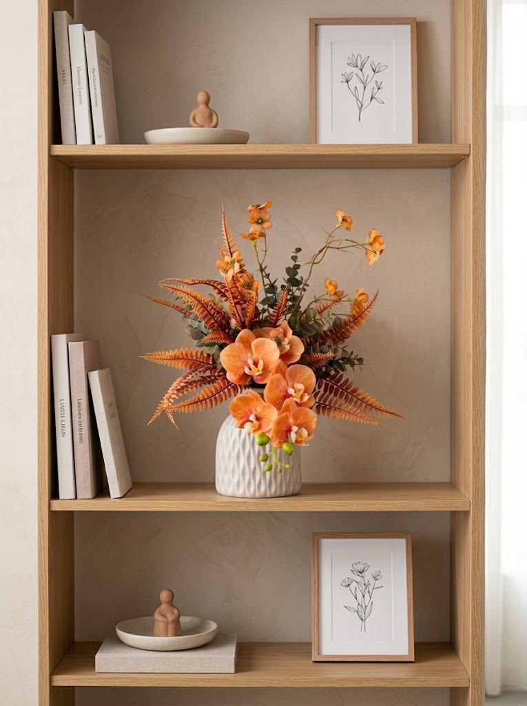 Autumn Terracotta Orange Orchid Botanical Faux Floral Arrangement