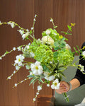 Vintage Fresh Green Hydrangea & White Cosmos Faux Floral Arrangement