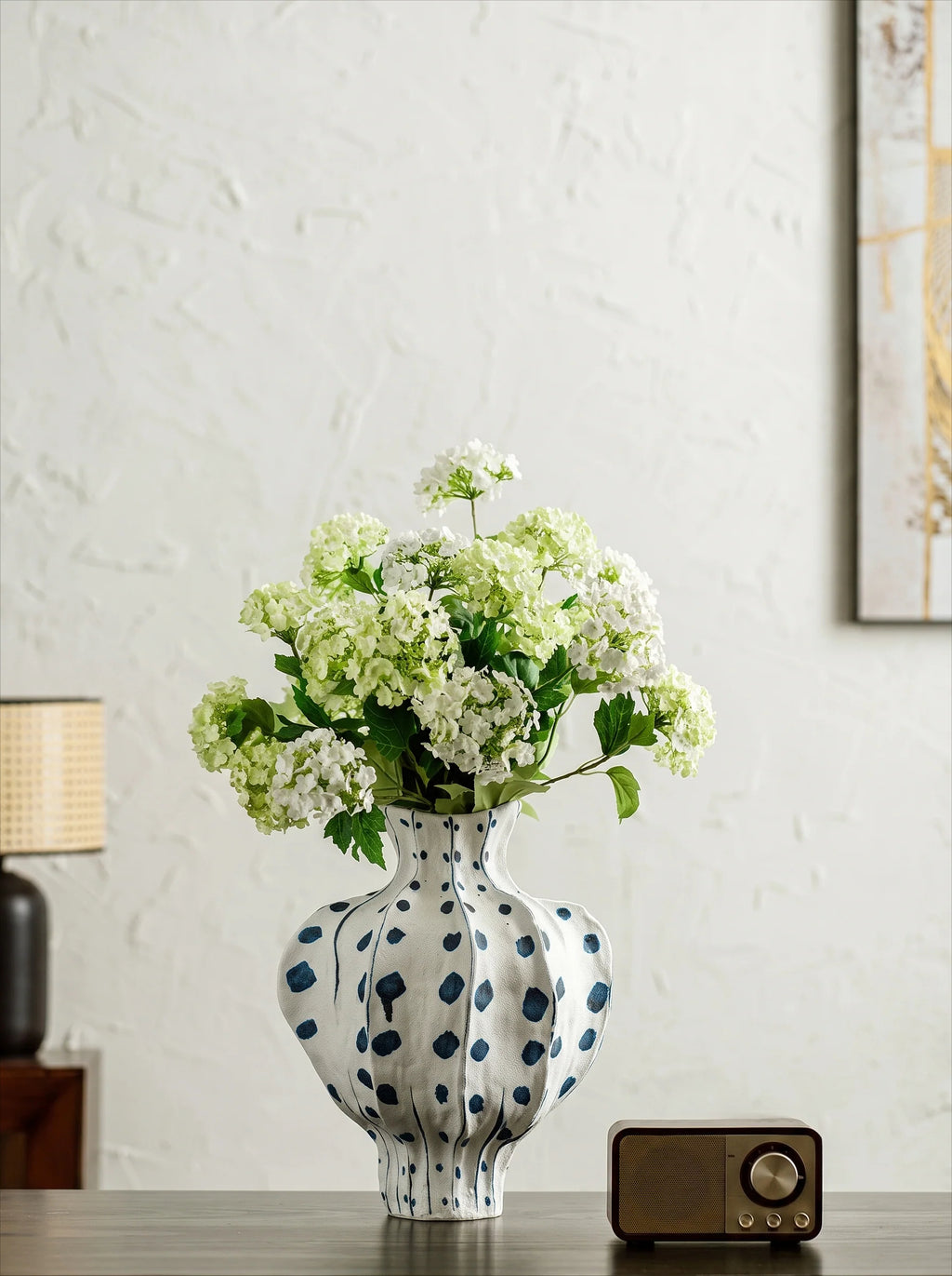 Elegant Sculptural Blue Polka-Dot Ceramic Vase