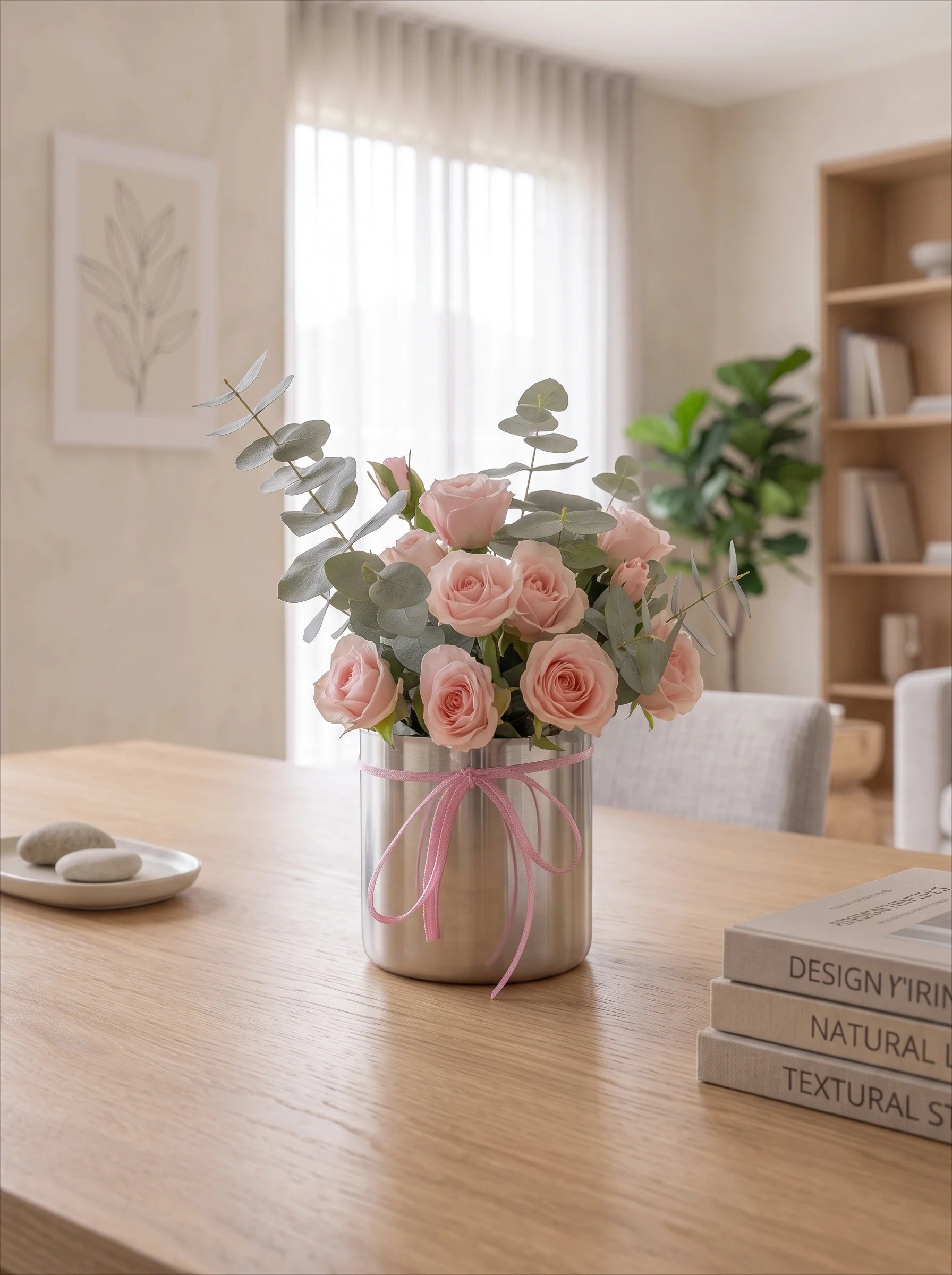 Staubige Rose & Eukalyptus-Hug-Eimer Kunstblumenarrangement