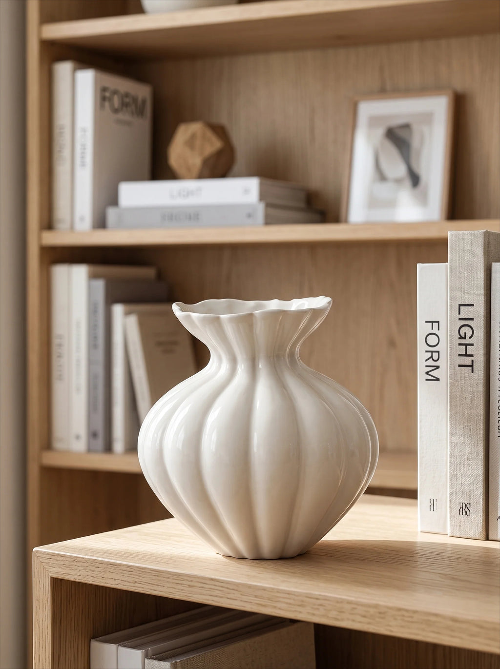 Elegant French Cream Fluted Ceramic Vase