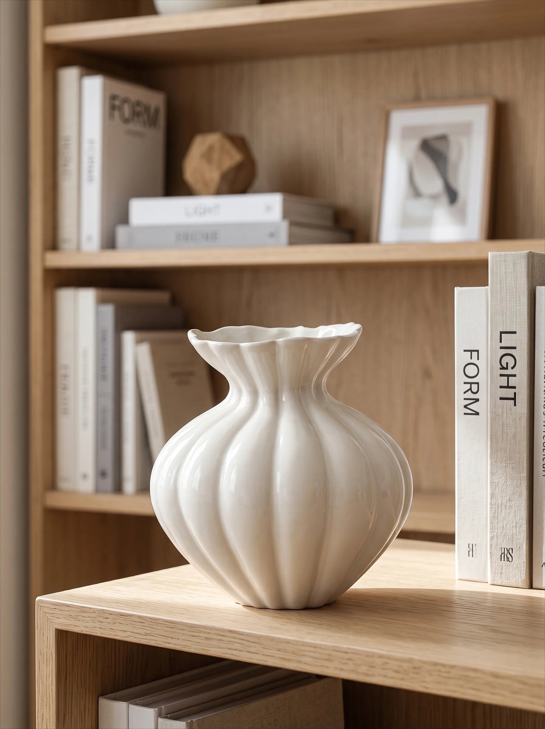 Elegant French Cream Fluted Ceramic Vase