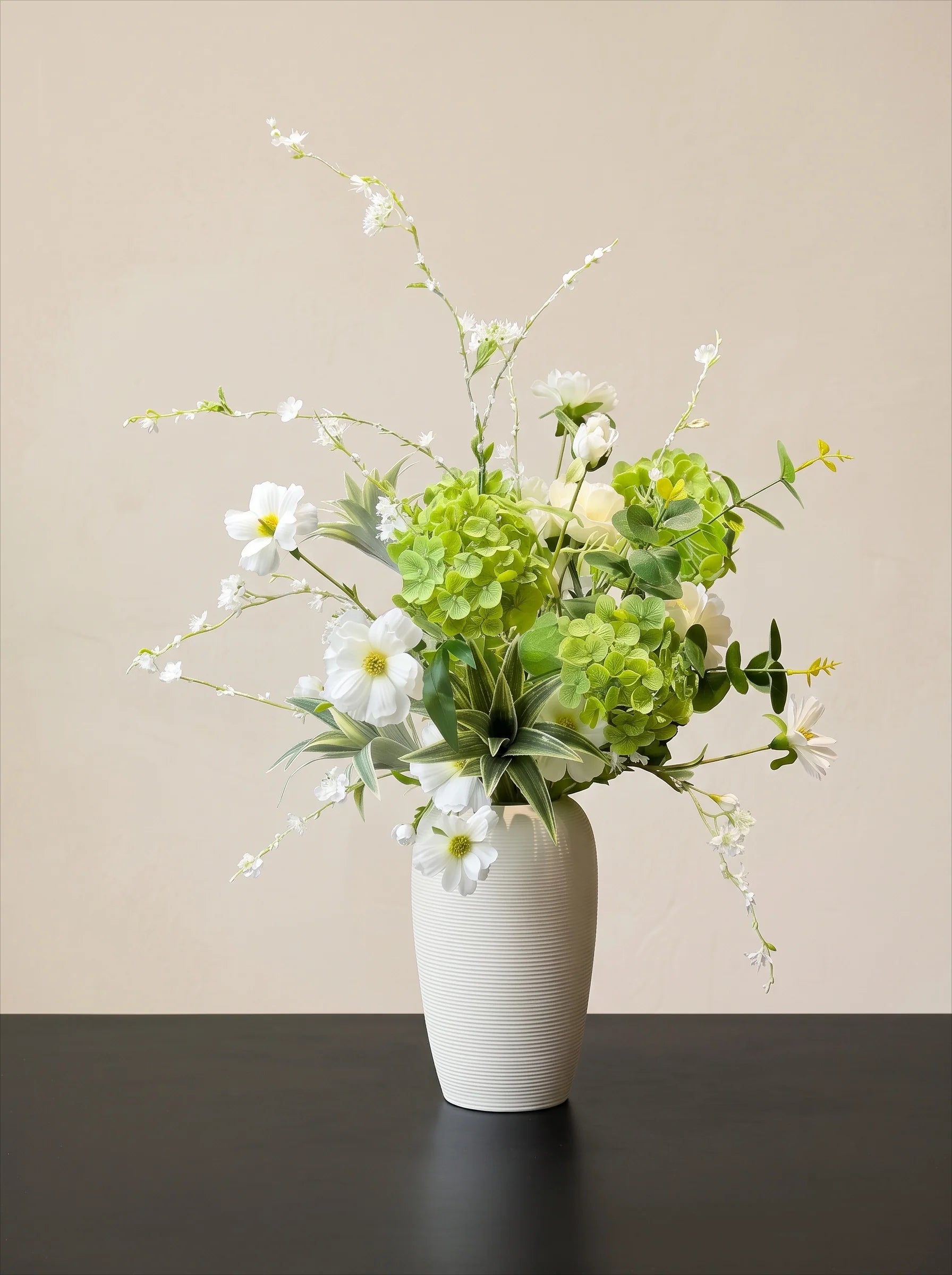 Vintage Fresh Green Hydrangea & White Cosmos Faux Floral Arrangement