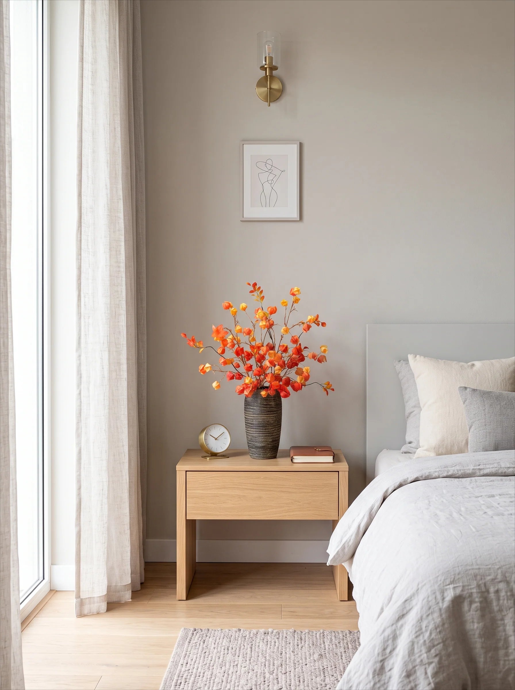 A styled bedroom corner featuring a light wood nightstand with a dark textured vase of orange autumn leaves, a small clock, and a book. The nightstand is positioned next to a bed with neutral gray and white bedding, under a brass wall sconce and a minimalist line-art print on a warm gray wall.