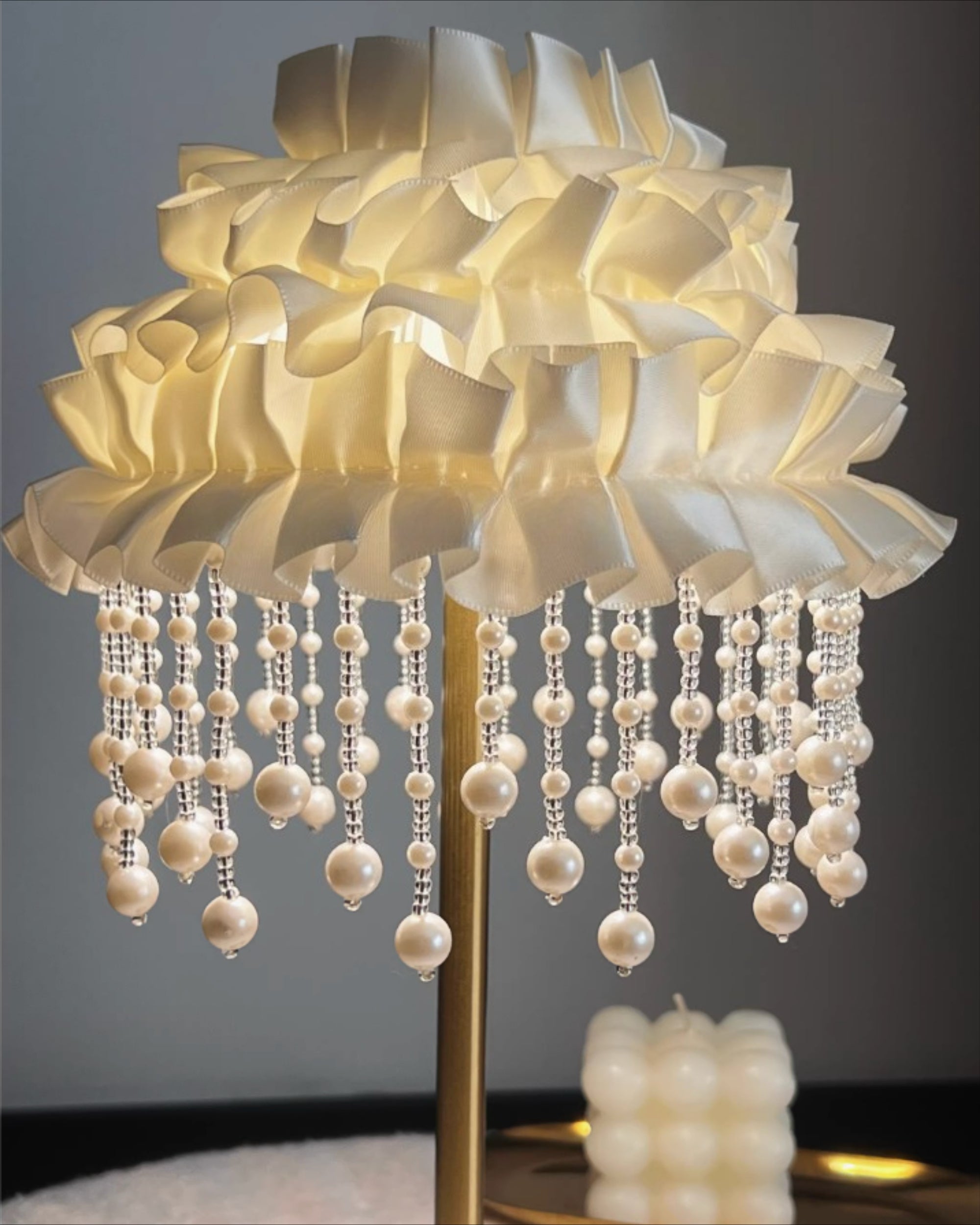 Luxury French Ruffled Satin Shade Table Lamp with Brushed Gold Base