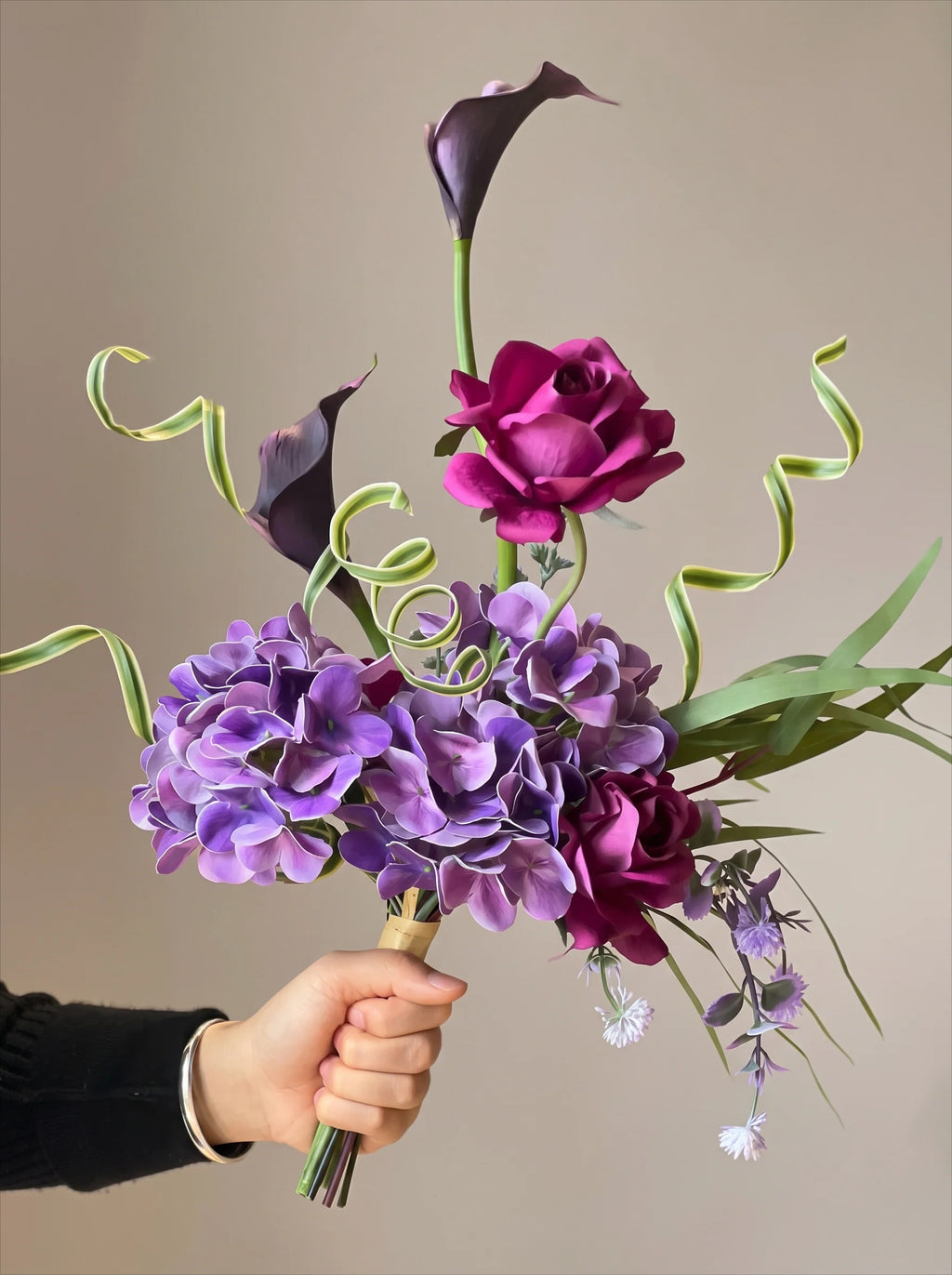Moody Purple Hydrangea & Rose Faux Floral Arrangement