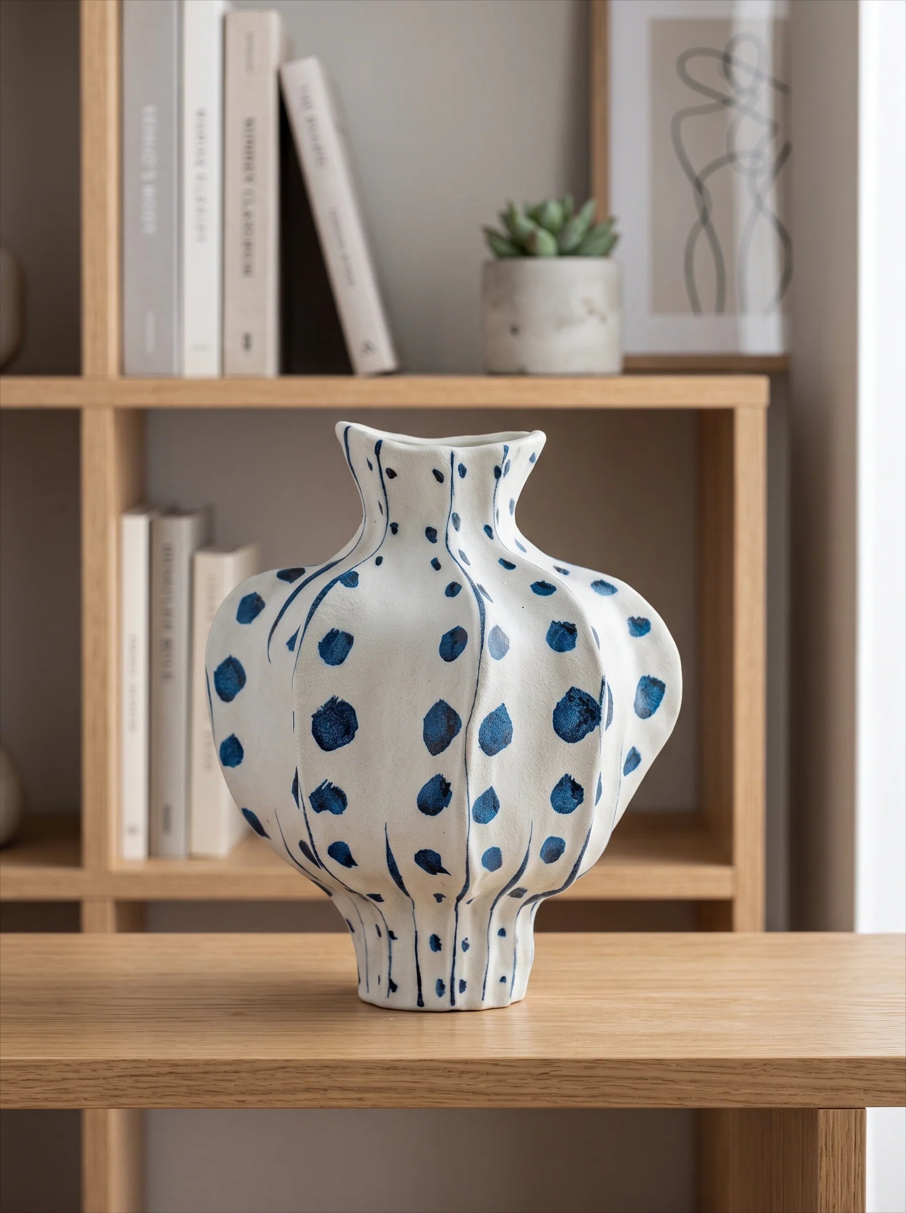 Elegant Sculptural Blue Polka-Dot Ceramic Vase