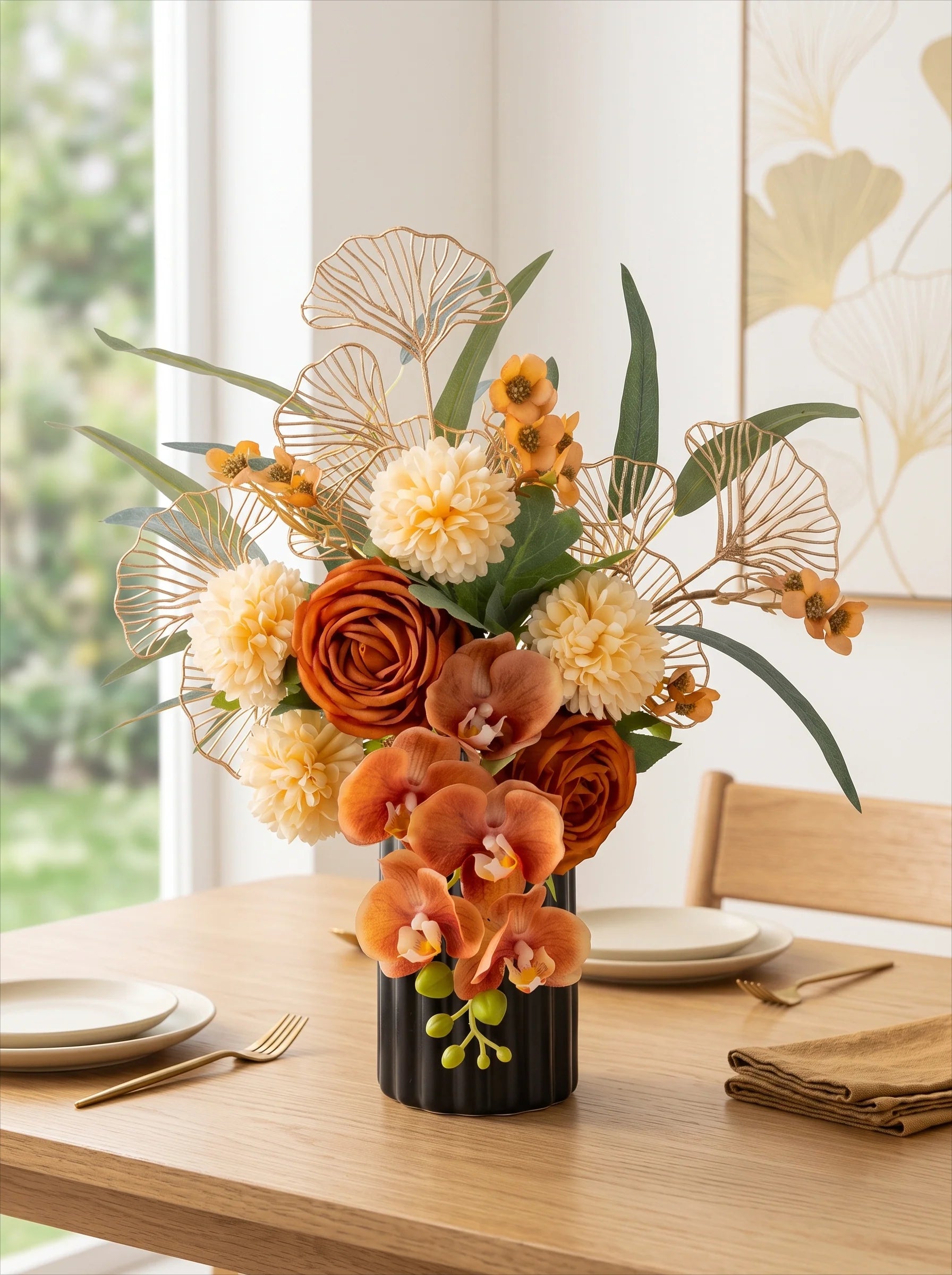 Luxury Mid-Century Amber Orchid Artificial Floral Arrangement