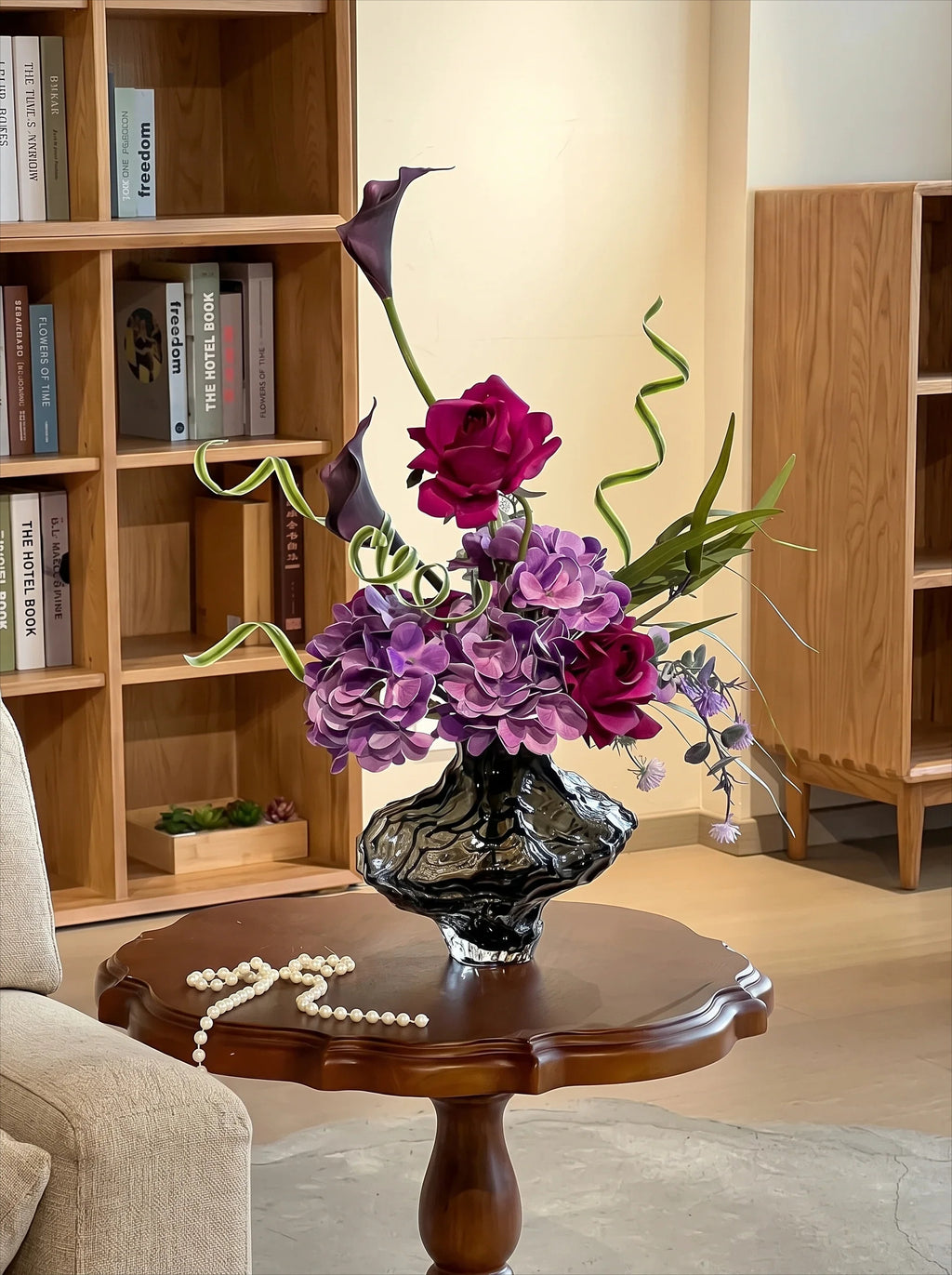 Moody Purple Hydrangea & Rose Faux Floral Arrangement