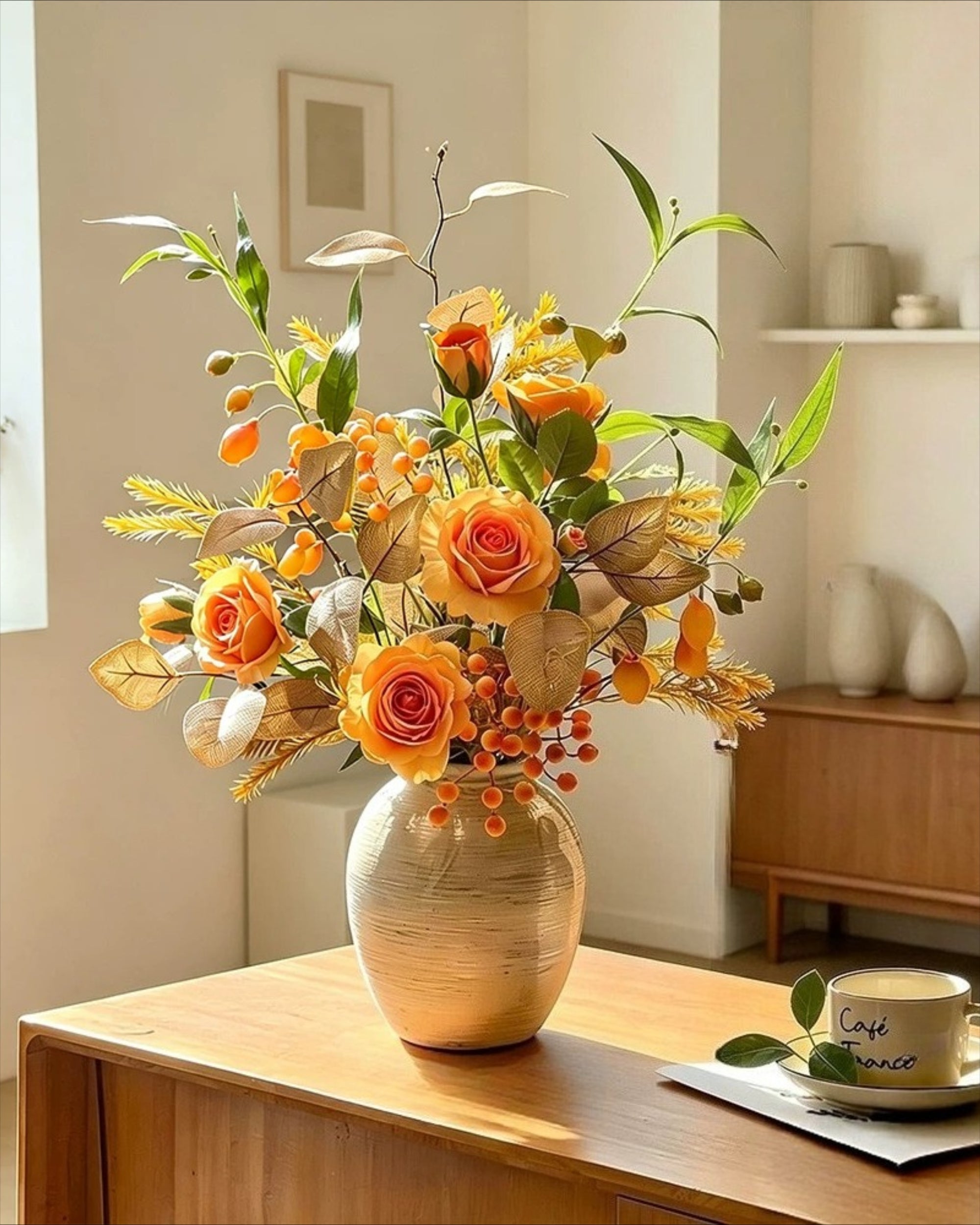 Arrangement floral artificiel Rose Ambre d’Automne Vintage et Baies