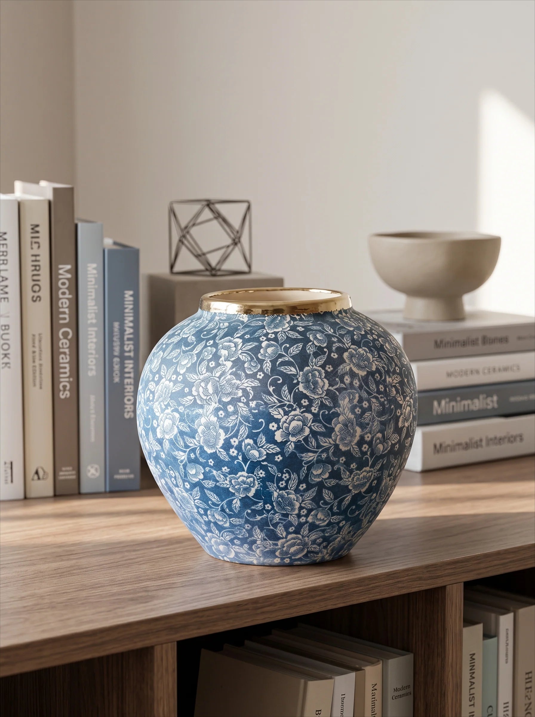 Classic Gilded Blue and White Floral Stoneware Vase