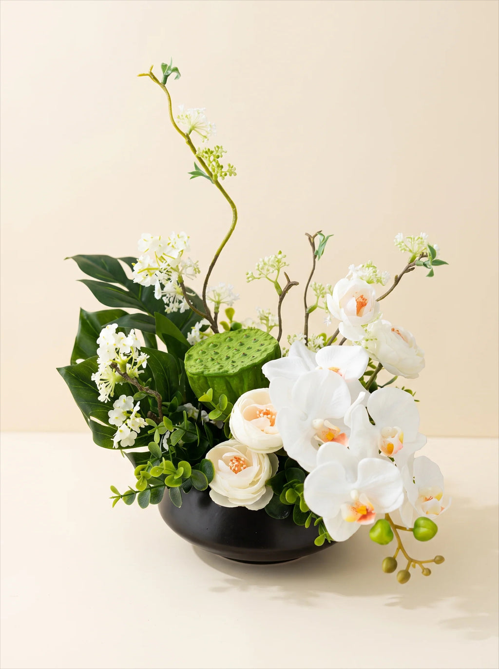 Modern Zen White Orchid & Lotus Pod Artificial Floral Arrangement