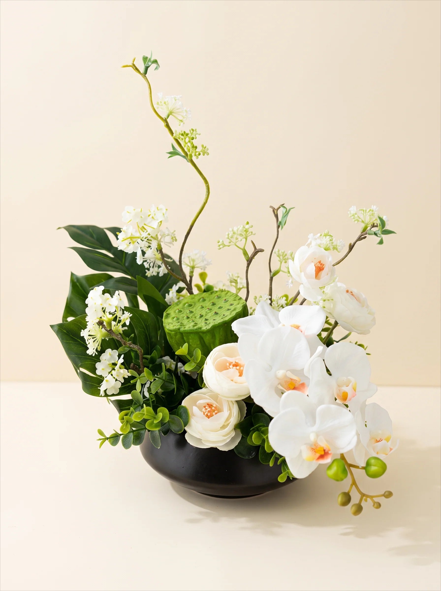 Modern Zen White Orchid & Lotus Pod Artificial Floral Arrangement