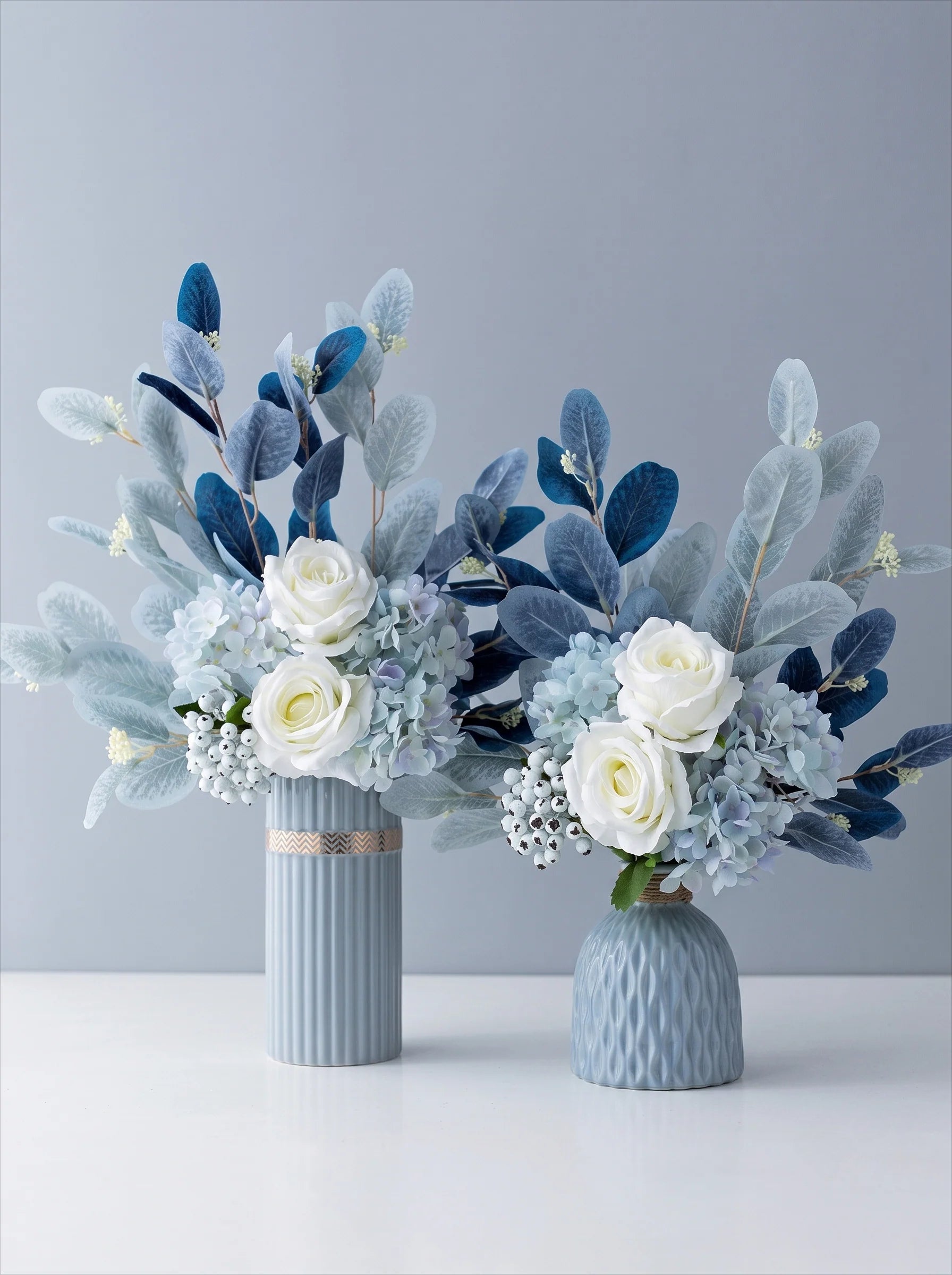 Blue & White Harmony Faux Floral Bouquet with Frosted Foliage
