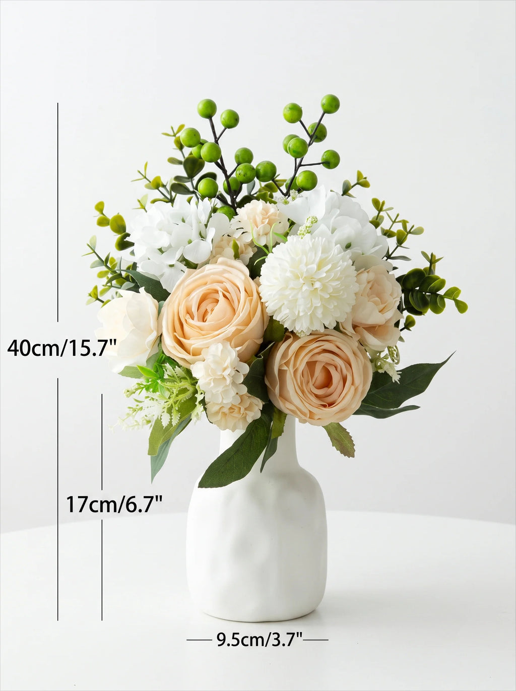 An artificial floral arrangement in a white ceramic vase, shown on a light gray background with dimension lines and text indicating height 40cm/15.7", width 9.