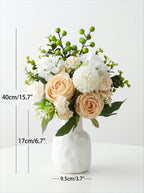 An artificial floral arrangement in a white ceramic vase, shown on a light gray background with dimension lines and text indicating height 40cm/15.7", width 9.