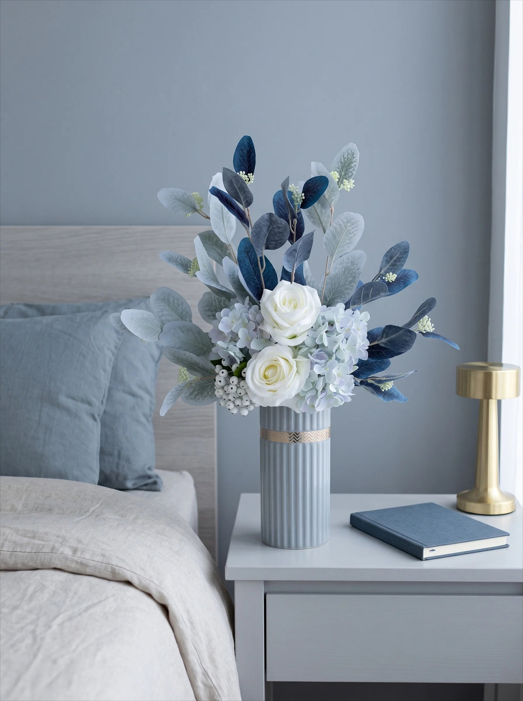 Blue & White Harmony Faux Floral Bouquet with Frosted Foliage