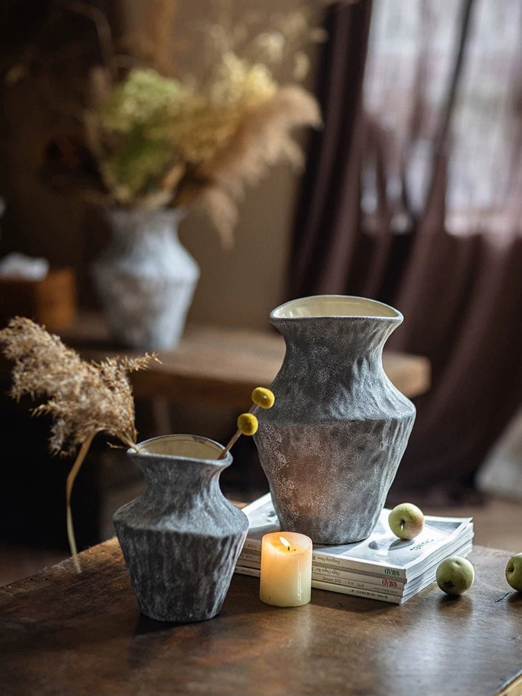 Wabi-Sabi Textured Charcoal Ceramic Artisanal Vase