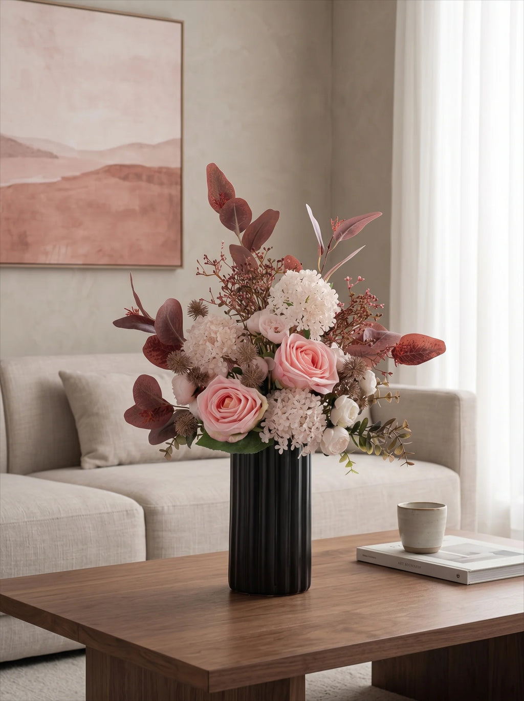 Blush romance luxe roze artisanale kunstbloemschikking