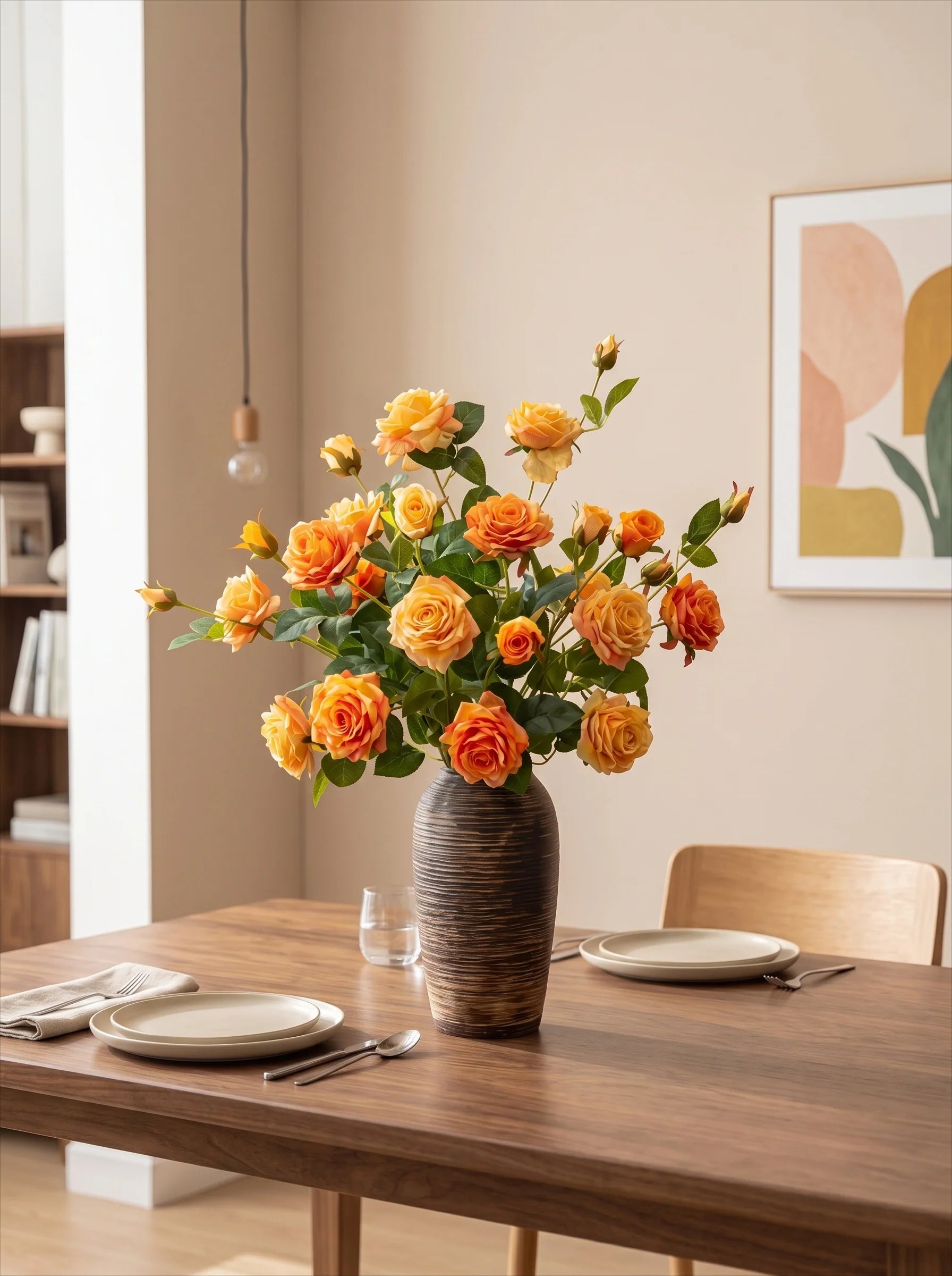 Vintage Sunset Orange Real-Touch Silk Rose Artificial Floral Arrangement