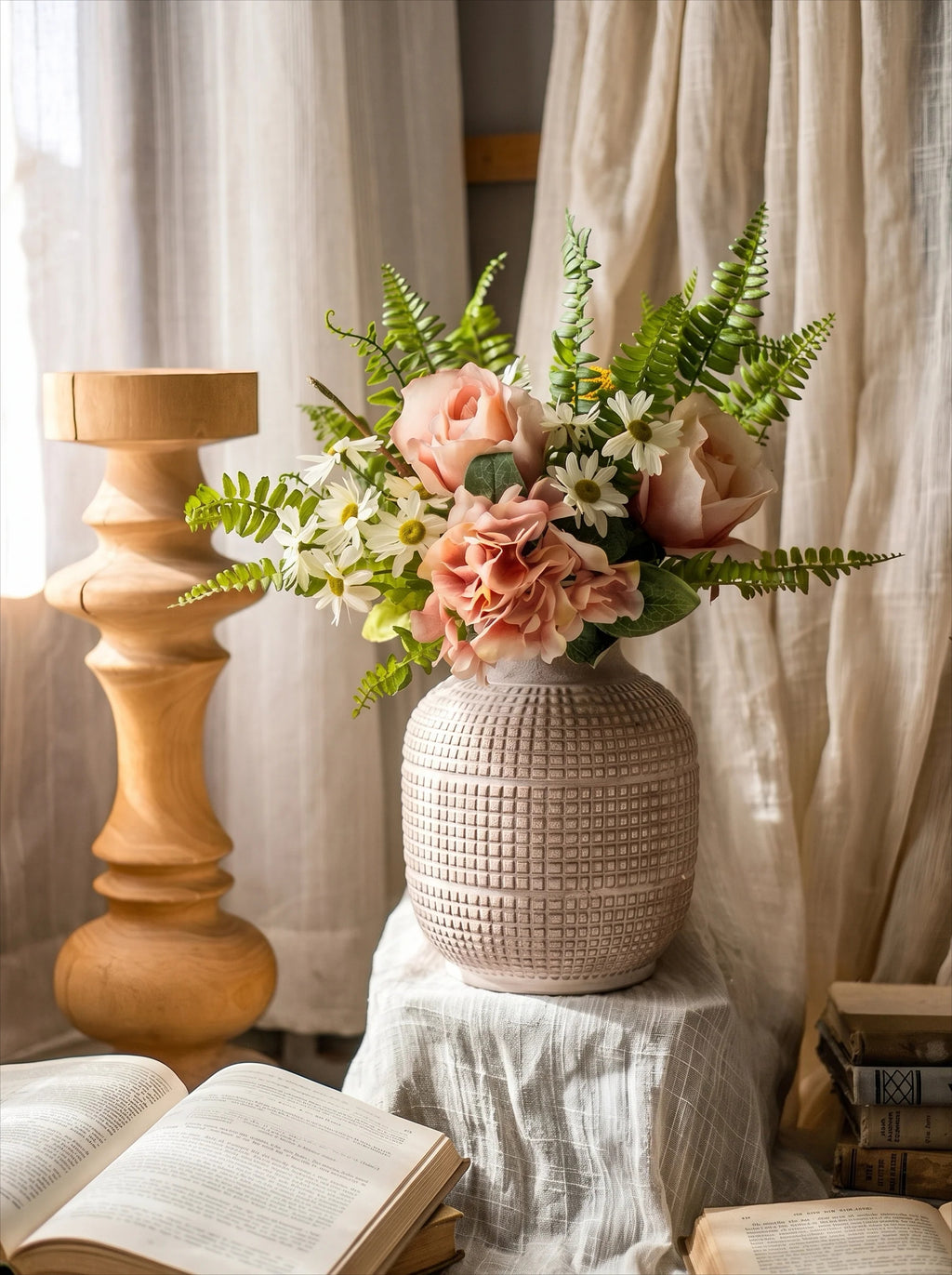 Rodnad romans rosa ros hortensia och prästkrage konstblommig arrangemang