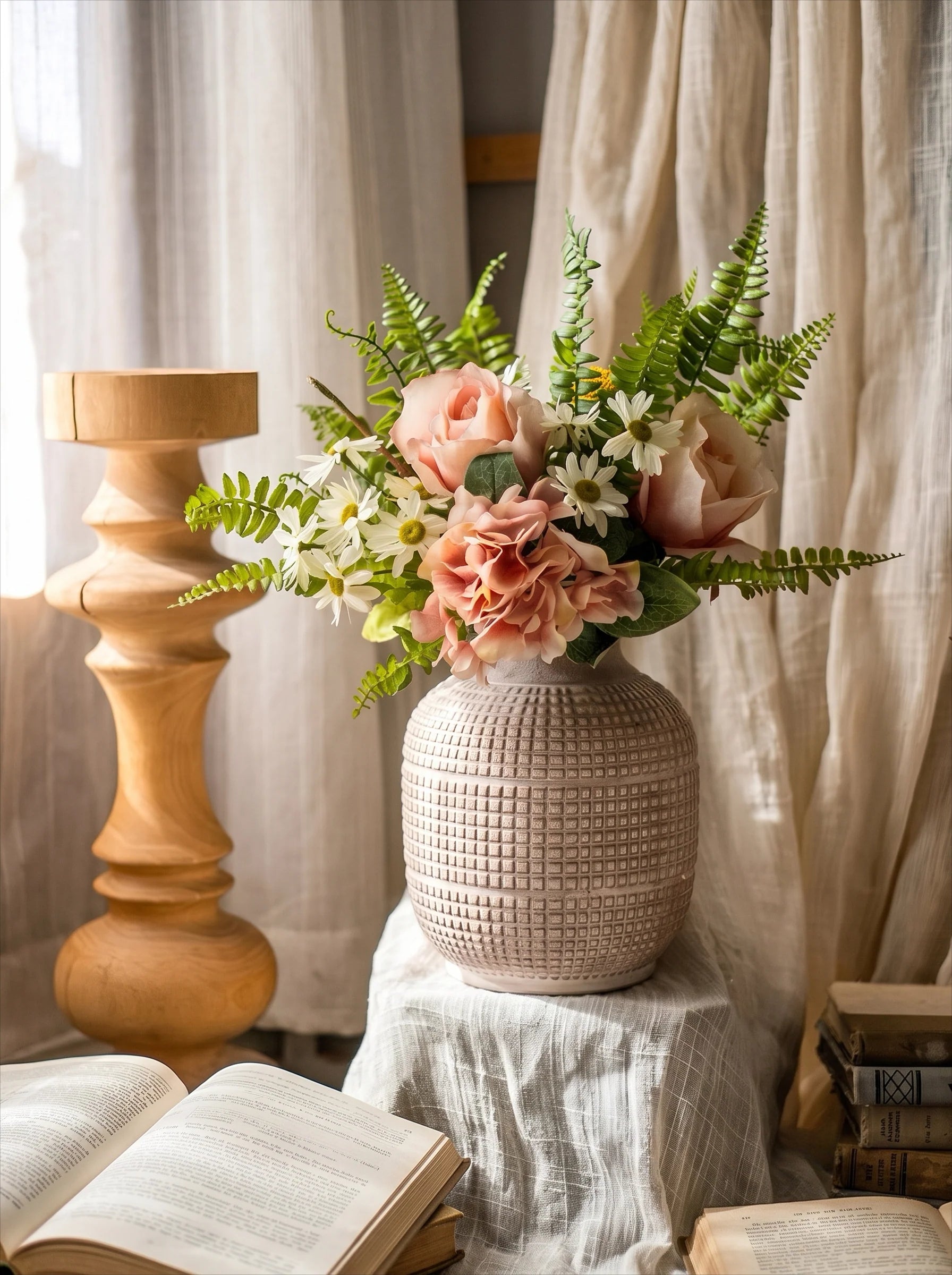Rodnad romans rosa ros hortensia och prästkrage konstblommig arrangemang