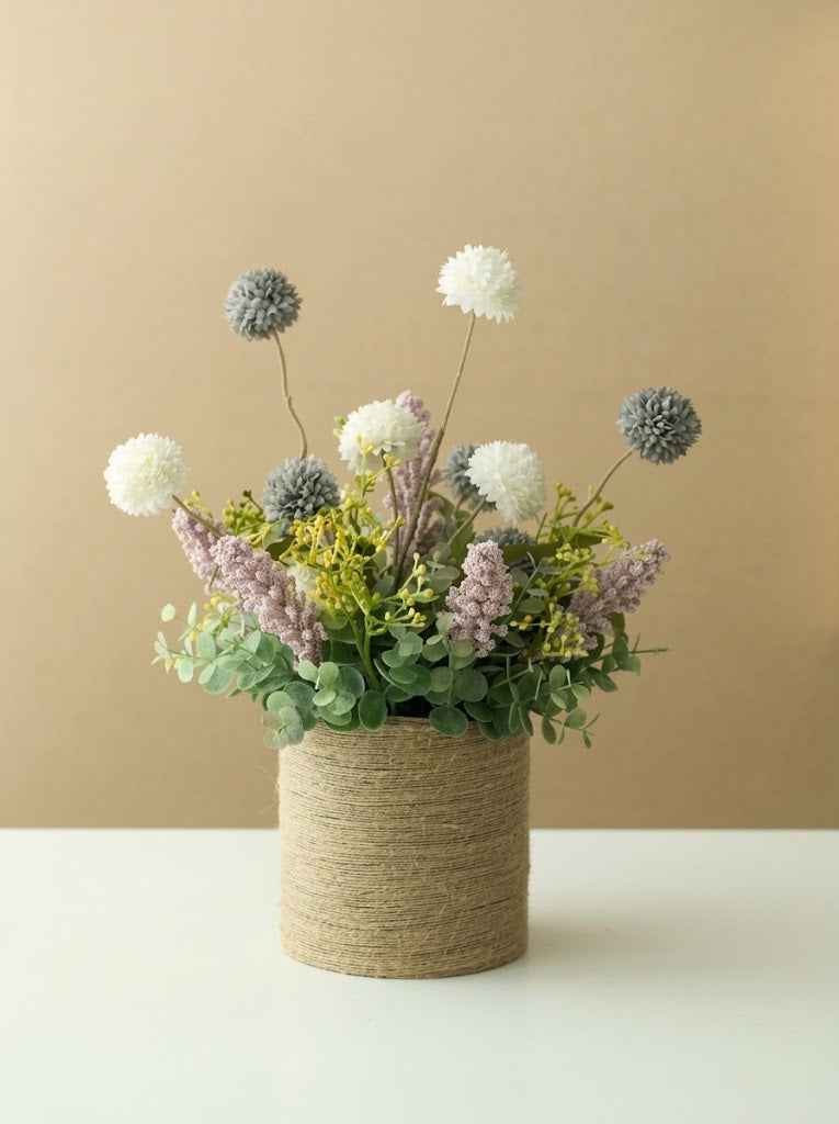 Slate Grey Muted Lilac Pom-Pom Woven Vase Faux Floral Arrangement