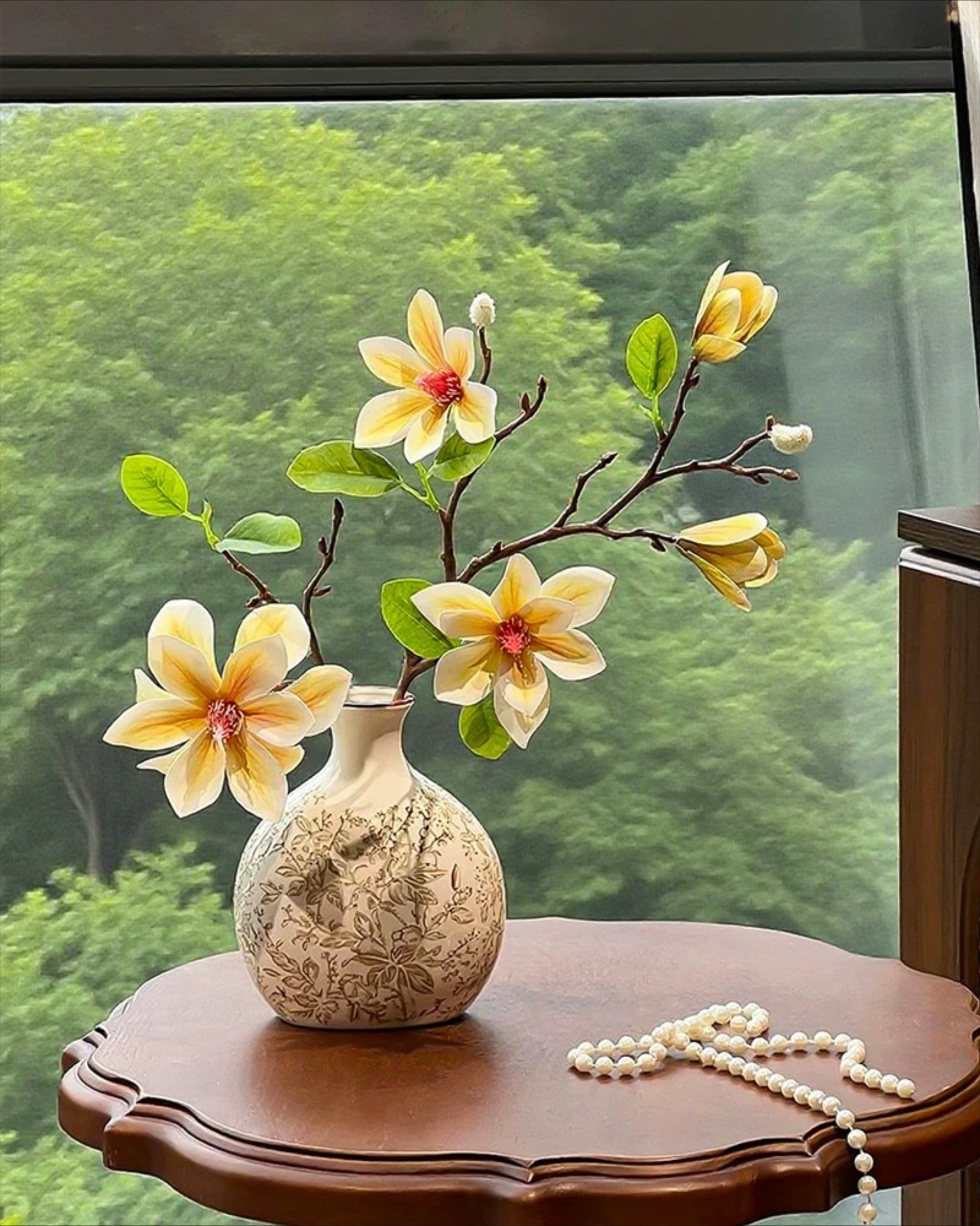 Arrangement floral artificiel Magnolia Jaune Vintage avec Vase