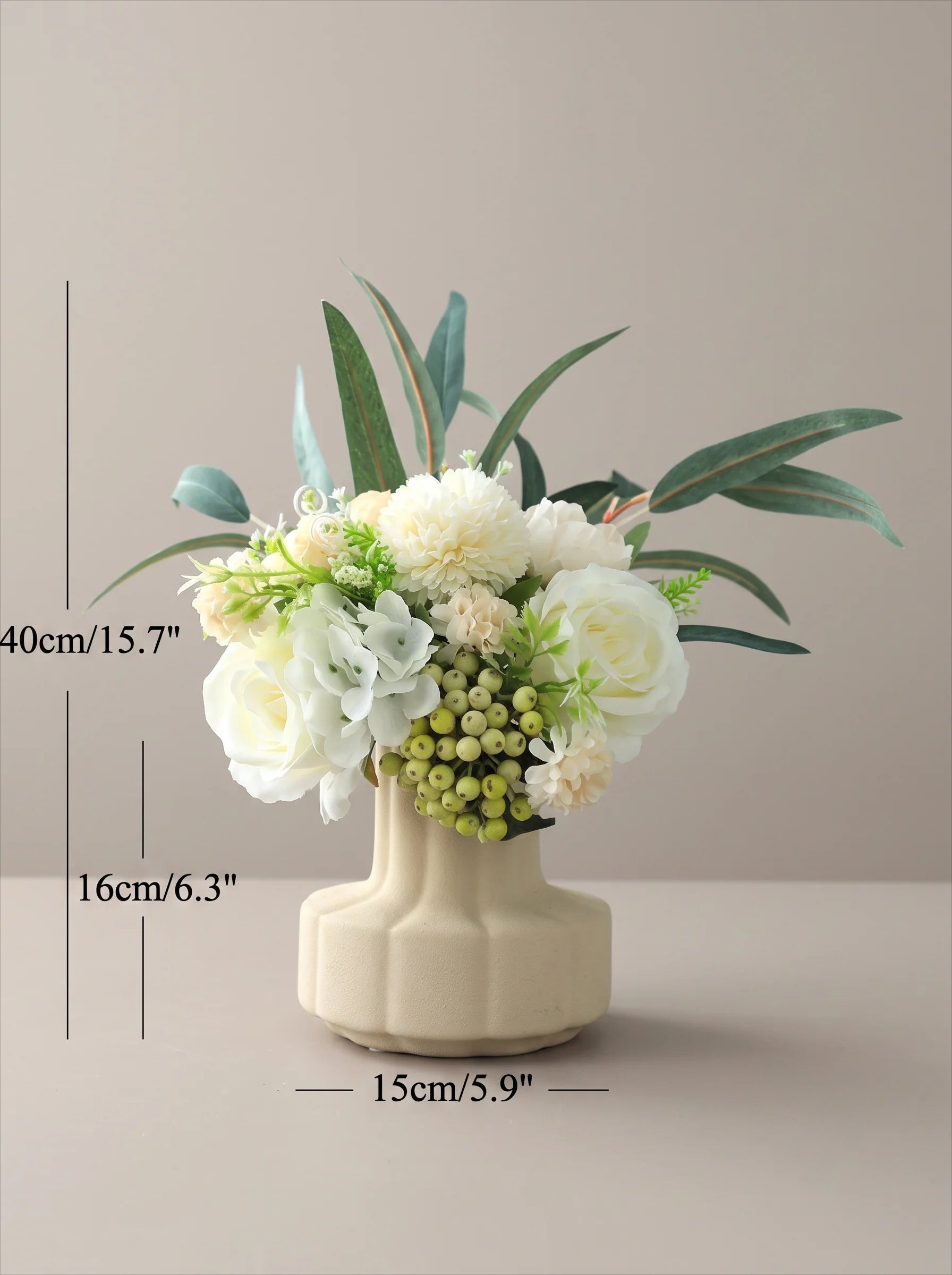 Modern Minimalist White Rose & Berry Artificial Floral Arrangement