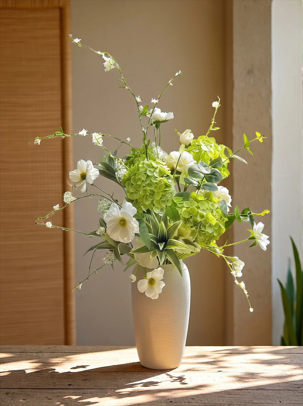 Vintage Fresh Green Hydrangea & White Cosmos Faux Floral Arrangement