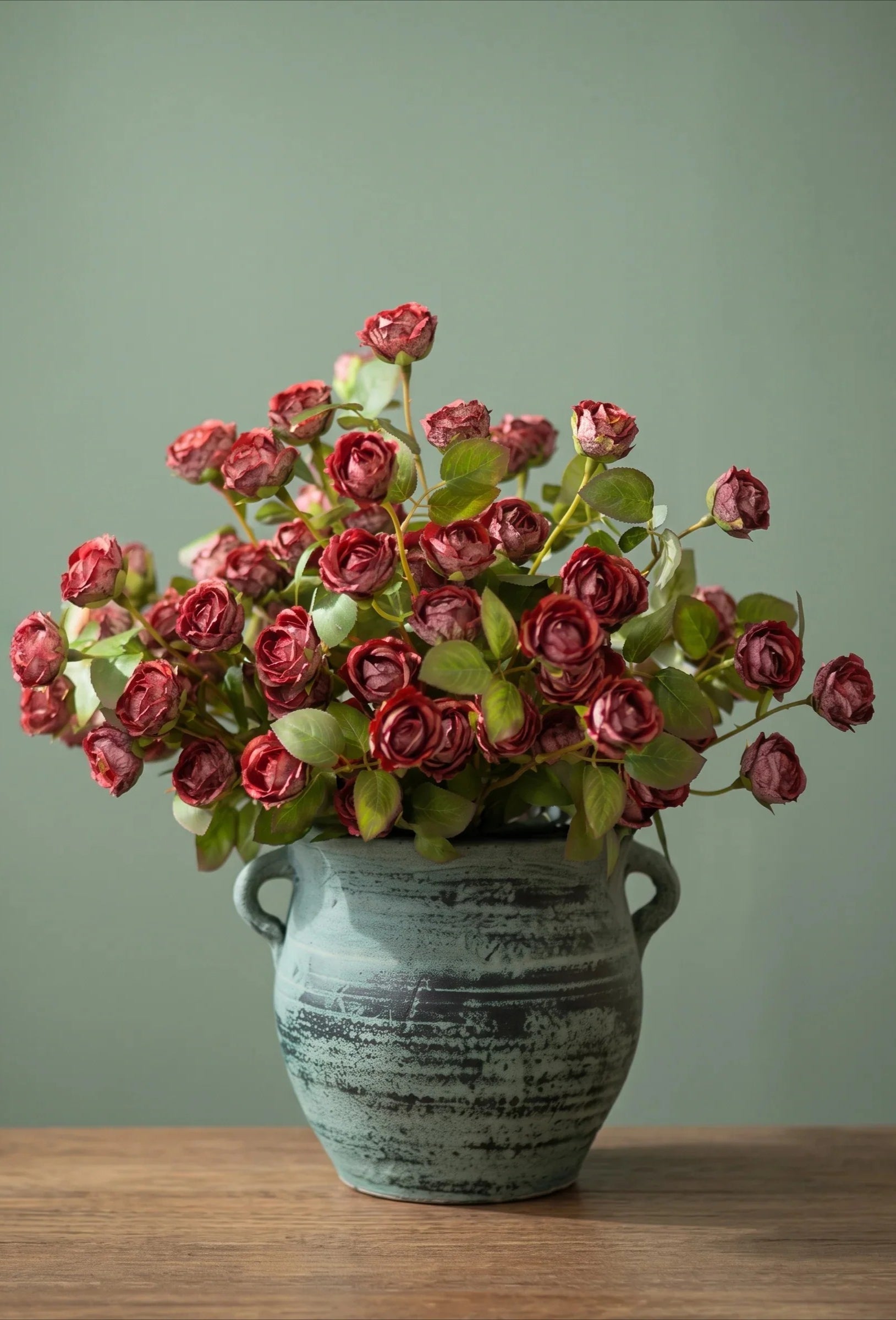 Vintage Crimson Mini Rose Artificial Floral Arrangement with Rustic Elegance