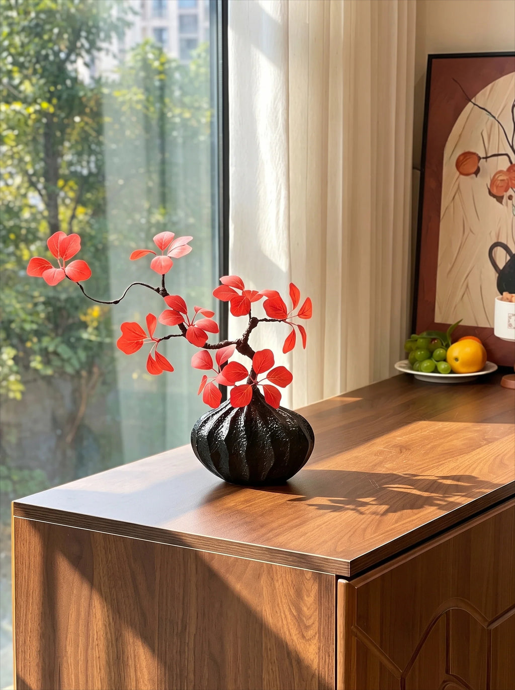 Orientalisches Luxus-Karmesinrotes Blatt Skulpturales Kunstblumenarrangement  
