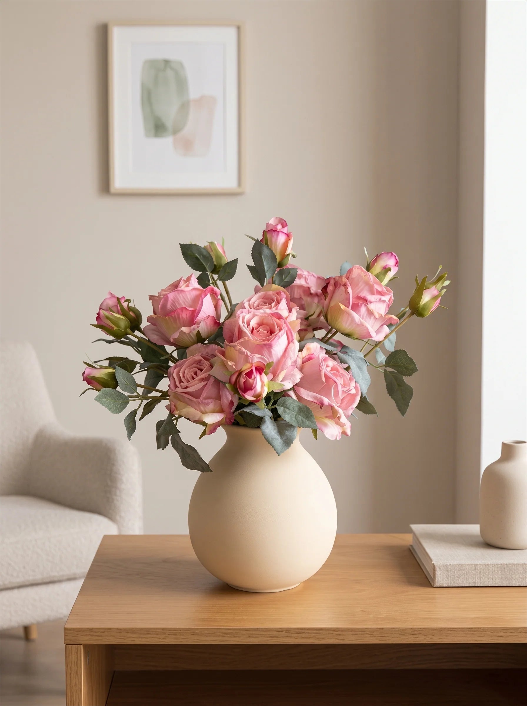 Faux Floral Arrangement - Pink Rose & Greenery (4 Stems)